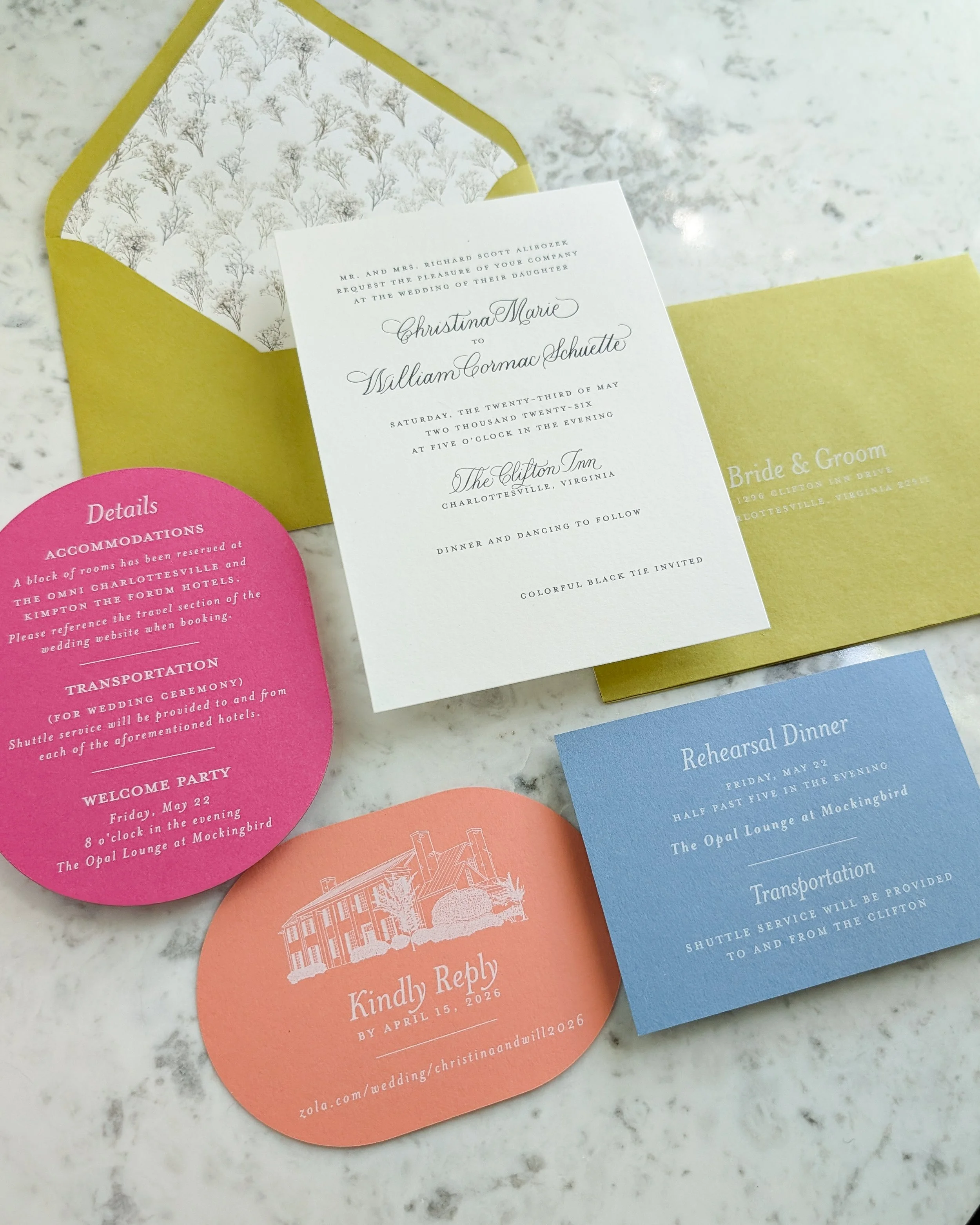 Wedding invitation suite flat lay for Christina and Will's Clifton Inn wedding in Charlottesville VA
