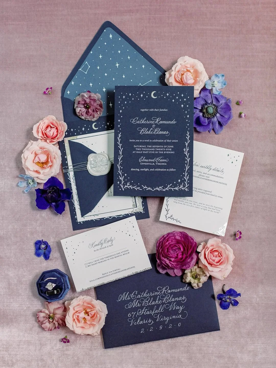 ACOTAR-inspired wedding invitation flat lay with jewel tone stationery, Upperville Virginia