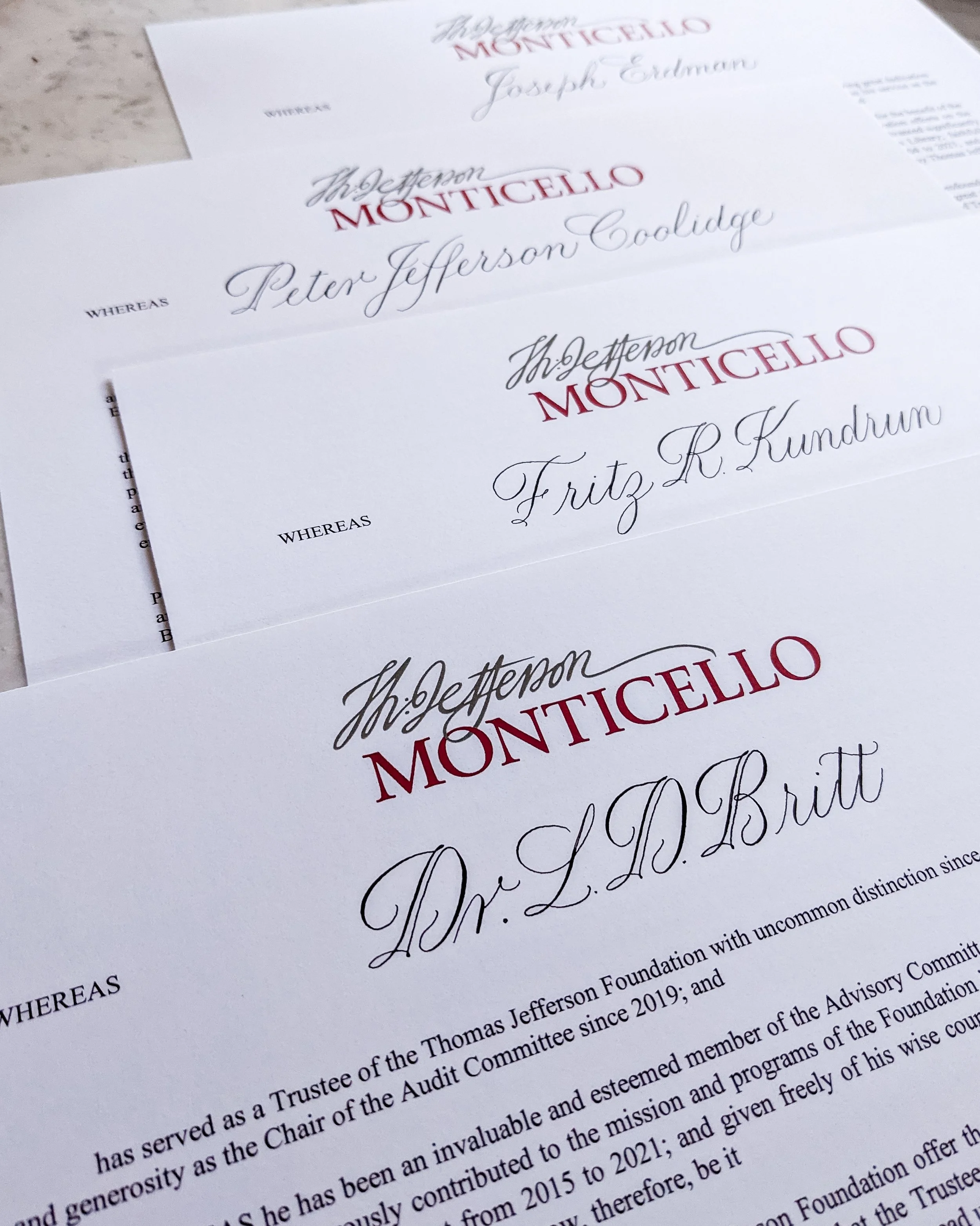 Custom calligraphy fill-in for the Thomas Jefferson Foundation's board by Clarissa of Inkwell Scripted