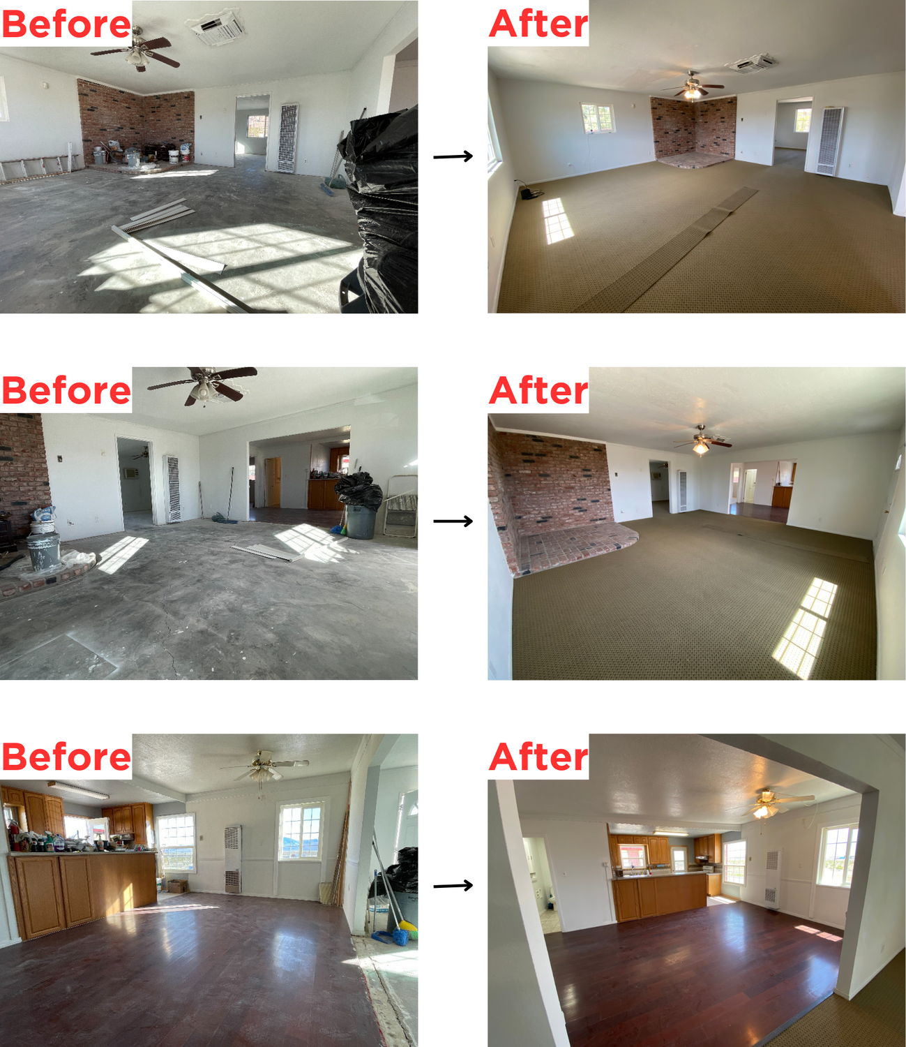 Three sets of before and after images showing home renovation progress. The first set depicts a living room with a brick fireplace, the second set shows an empty living space with a brick fireplace, and the third set features a kitchen and dining area with wooden floors, all indicating remodeling and updating of interior spaces.