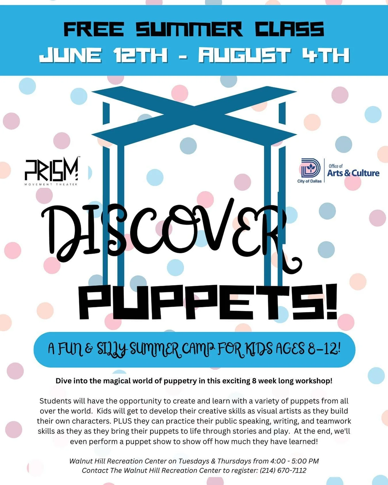 We&rsquo;re doing a summer camp for kids! Join us to learn and play together. 

Call the rec center to register today! 
.
.
.
#prism #puppets #summercamp #dallaskidscamp