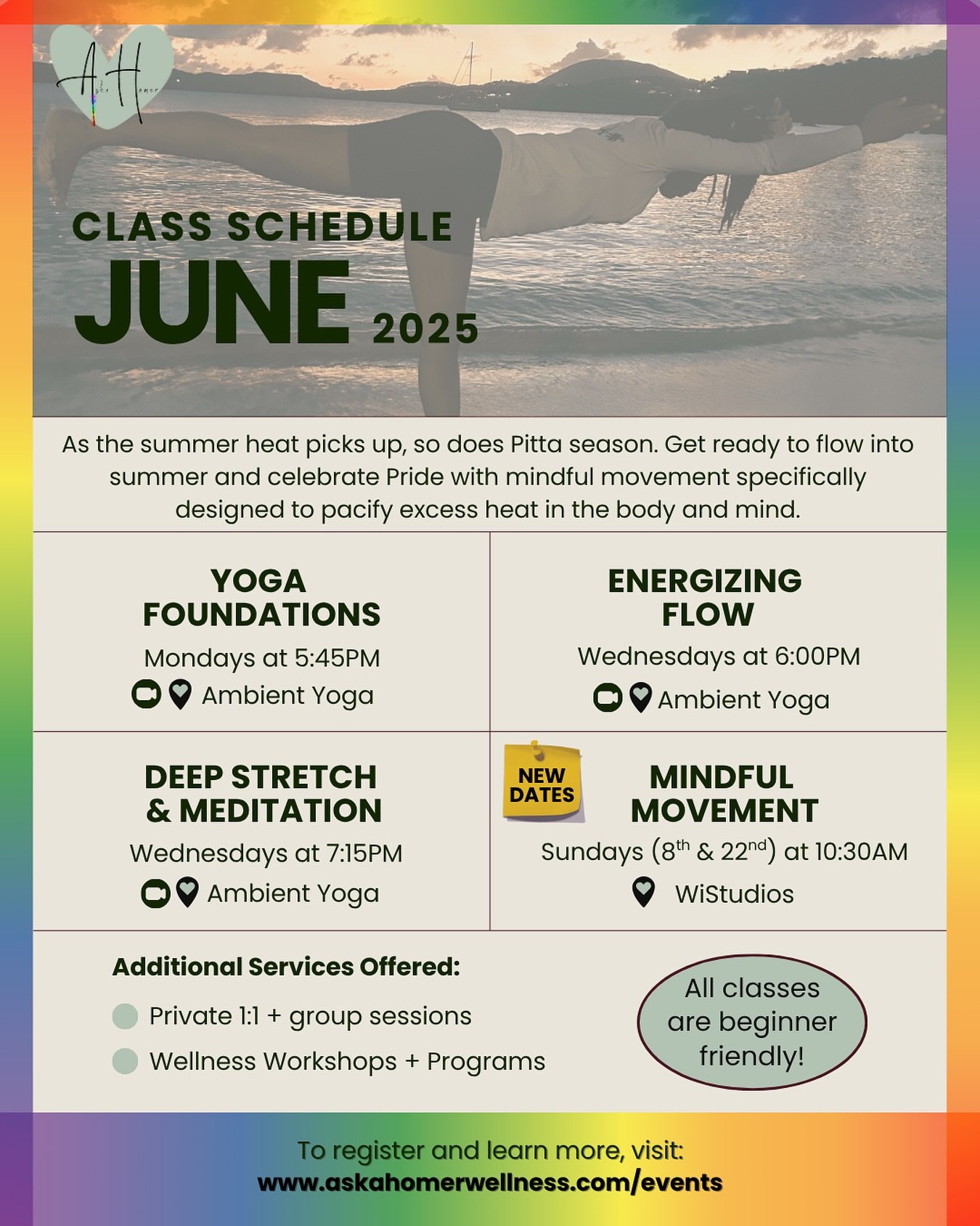 Flowing into summer and celebrating Pride with mindful movement specifically designed to pacify excess heat in the body and mind.
• Mondays at 5:45pm AST @ambient_vi
• Wednesdays at 6pm, and 7:15pm AST @ambient_vi
• Sundays (the 8th