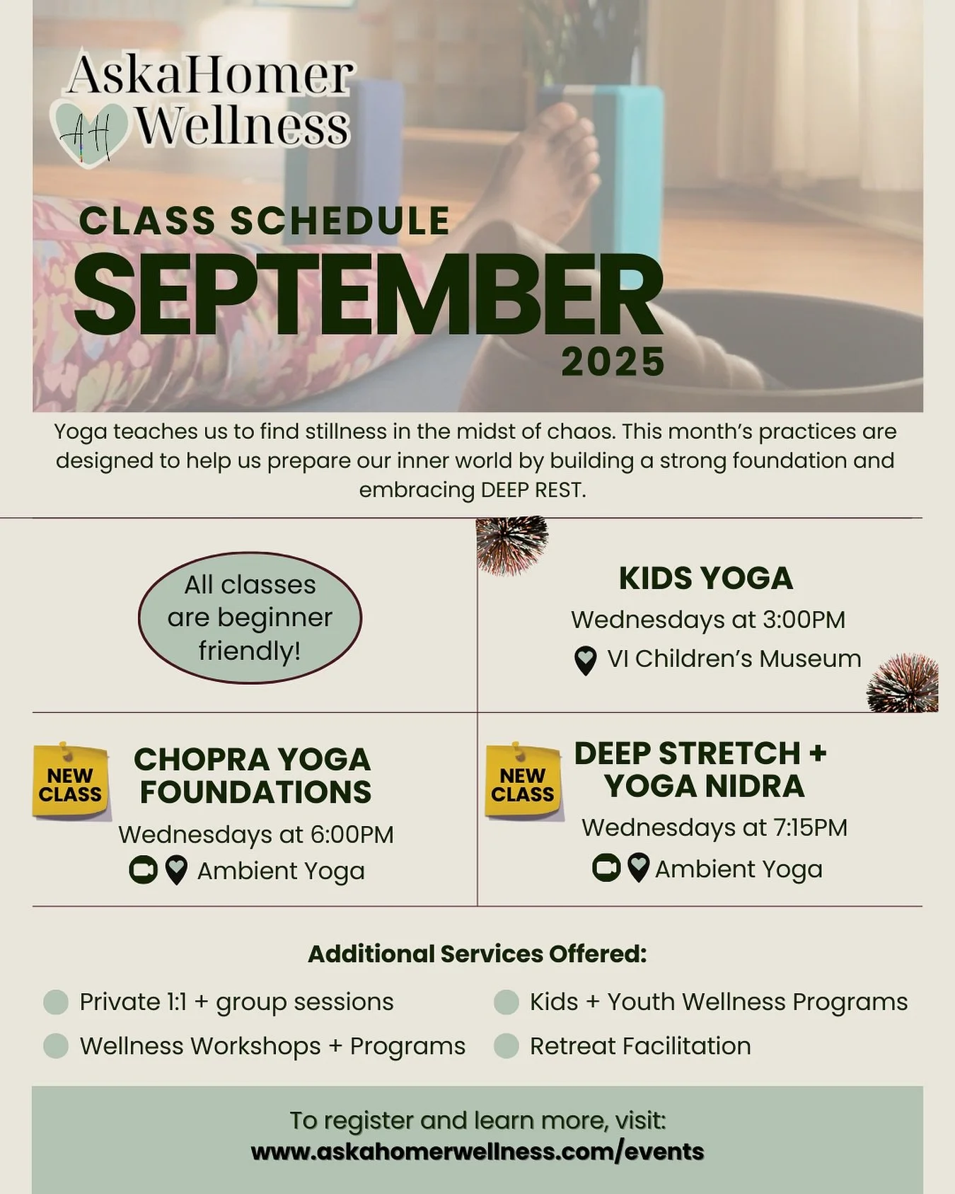 As we move into the peak of hurricane season, we may easily feel unease or anxiety. A regular yoga practice teaches us to find stillness in the midst of chaos, and our practices this month are designed to help us prepare our inner world. Whether you