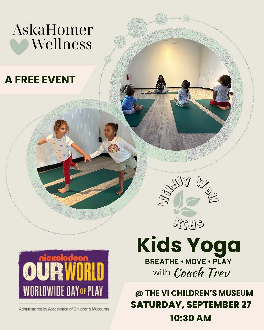 Join me for a free Kids Yoga Demo at the VI Children’s Museum on Saturday, September 27 for Worldwide Day of Play! 10:30am, see you there!