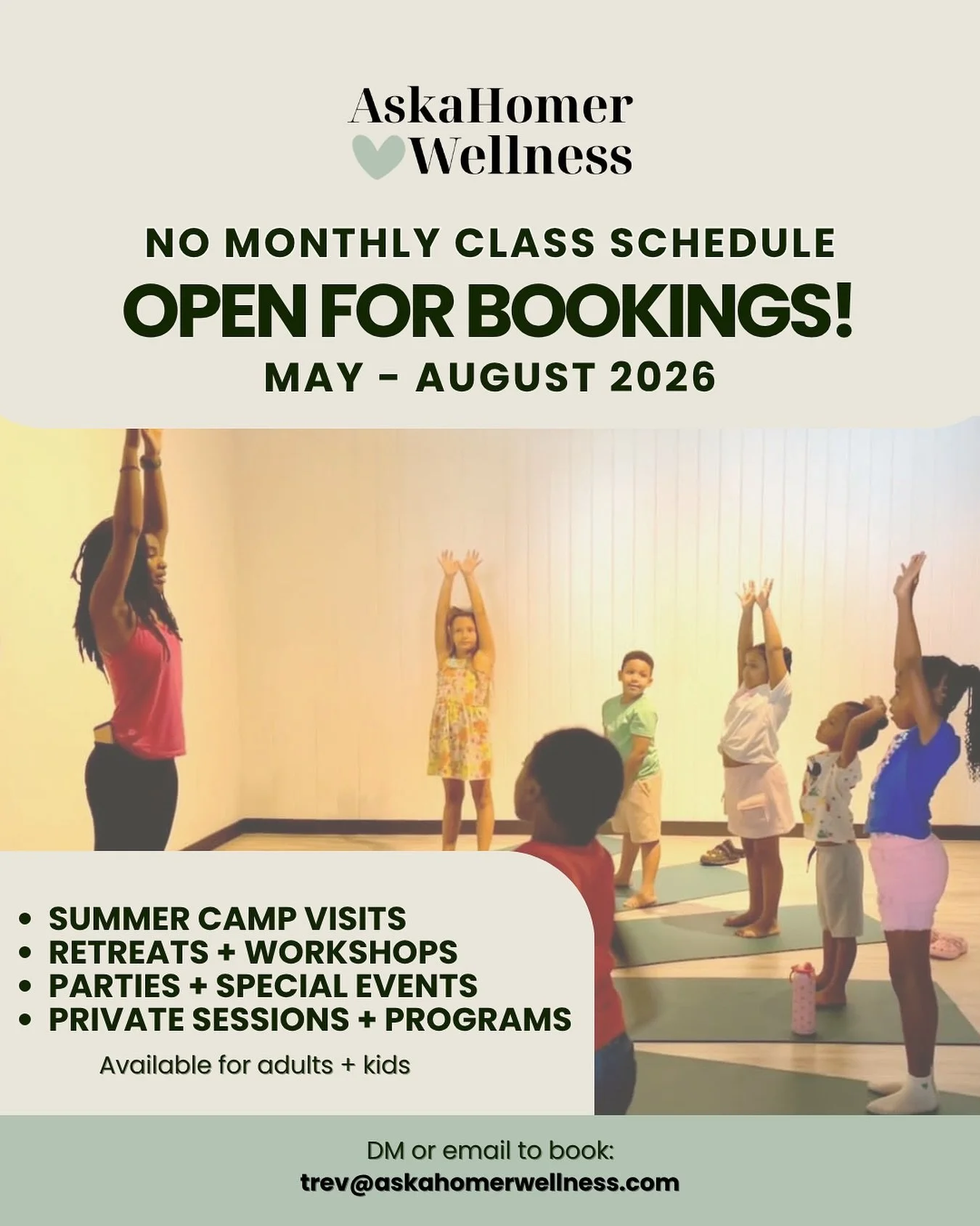 No set schedule for the next few months, let&rsquo;s create something custom instead!

My books are officially open for custom wellness experiences. If you&rsquo;re looking to bring mindfulness, movement, or holistic wellness education to your commun