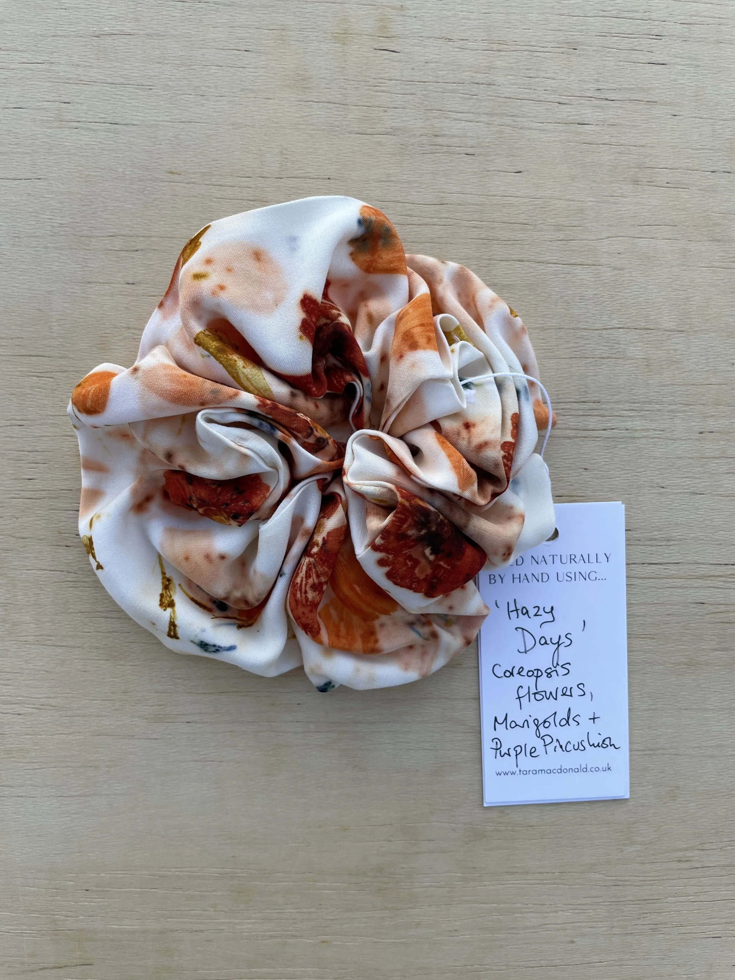 Eco printed Vegan Bamboo Silk Scrunchie ' Hazy Days'