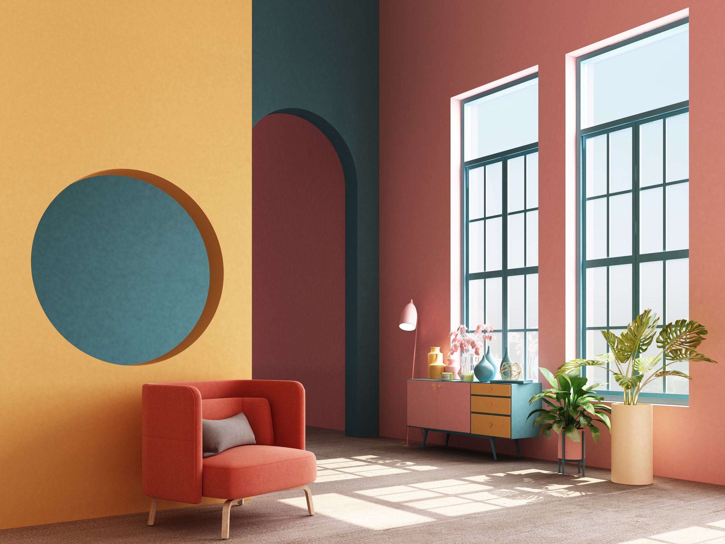 A colourful studio apartment. There is a hole cut through a dividing wall.