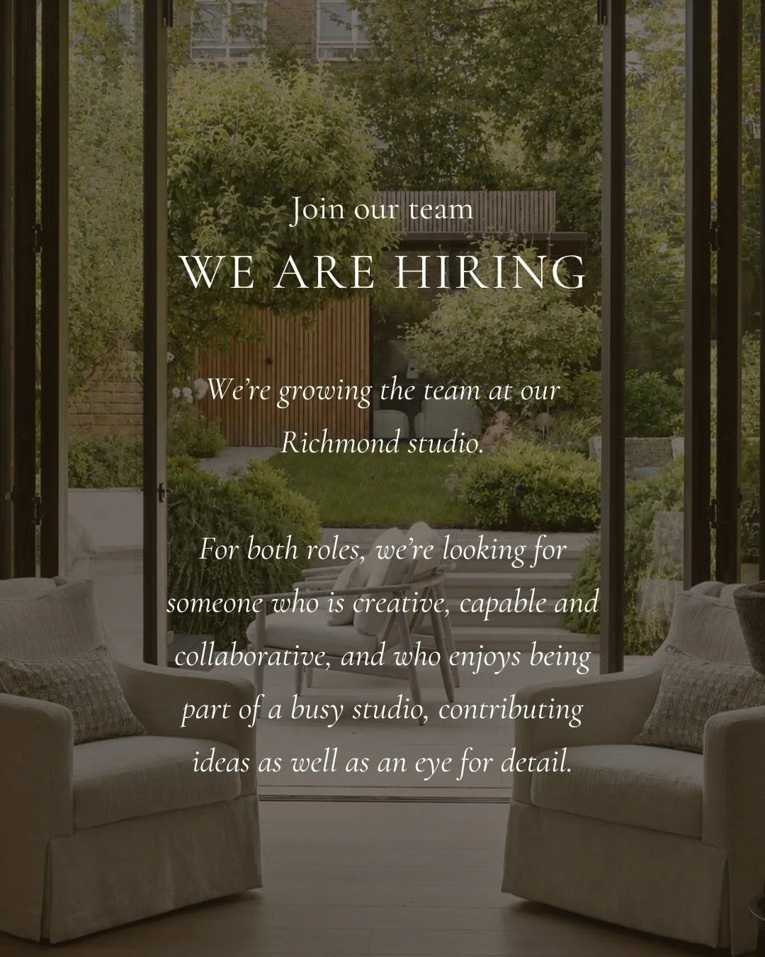 We&rsquo;re growing our team! 📣👋

Calling all creative souls ✨

If you&rsquo;re passionate about interiors, design and creating beautiful spaces, we would love to hear from you.

Send your portfolio, along with any questions, to th2recruitment@gmai