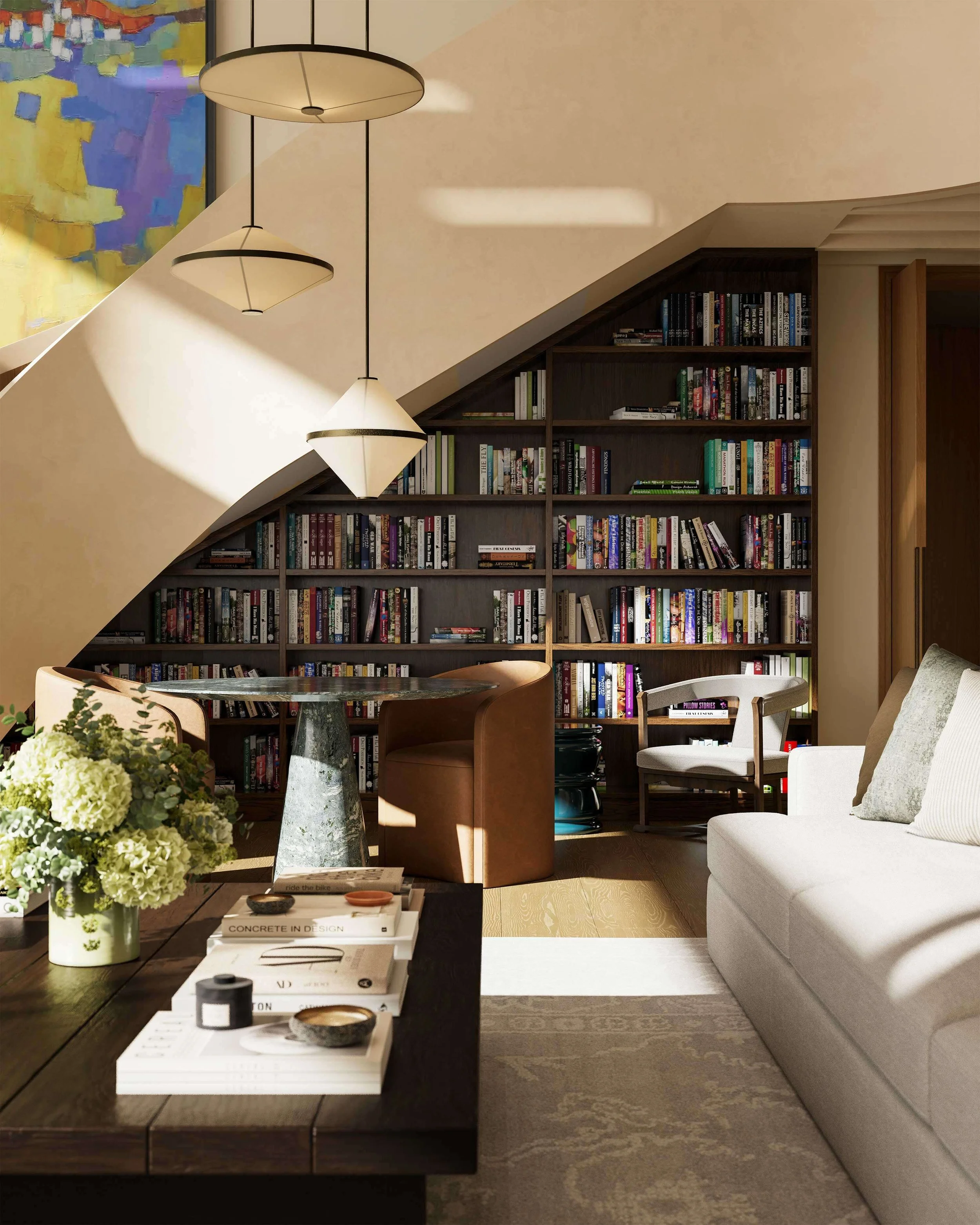 living area with build-in library, overscalled hanging pendant lights and spiral staircase