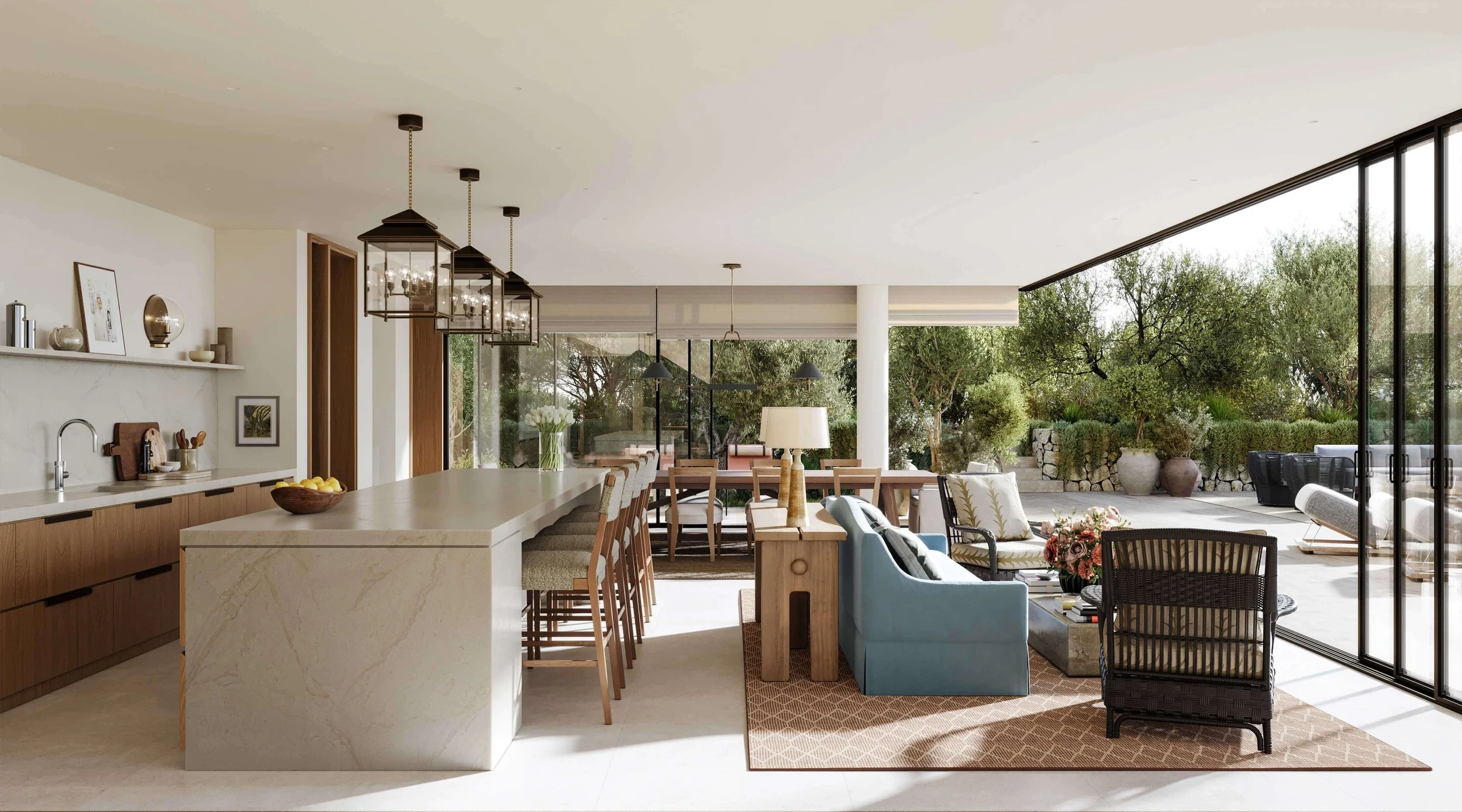 open plan contemporary kitchen and dining space with large glass windows with views out to lush terrace
