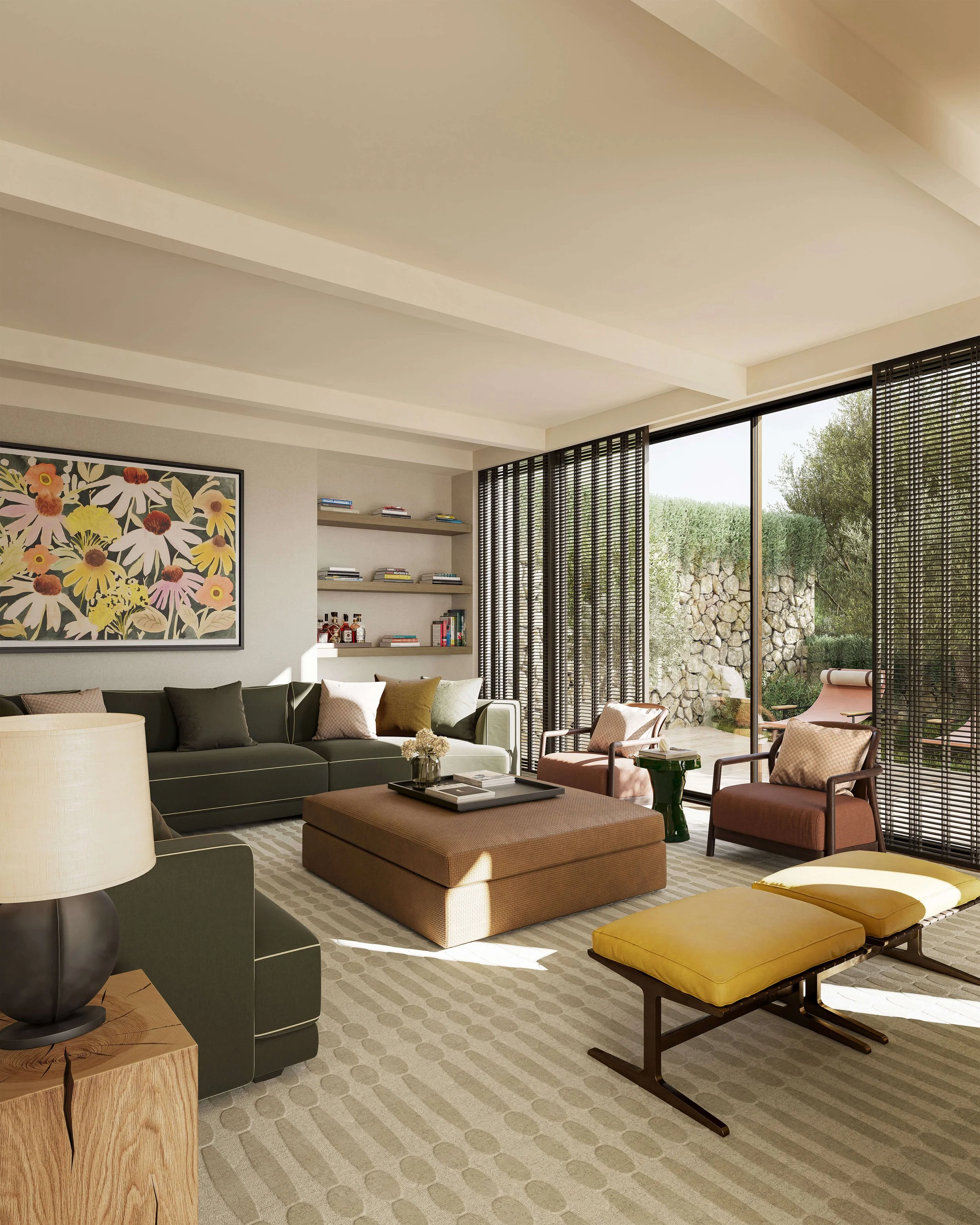 cosy family tv room with L shaped sofa, artwork of flowers, pattered rug and views onto landscaped terrace