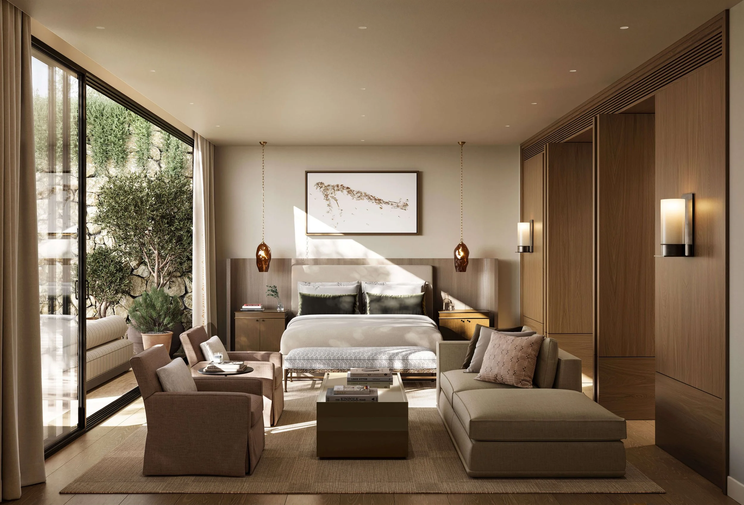 primary bedroom suite with wood panelled walls, abstract artwork, sculptural pendants and relaxed seating