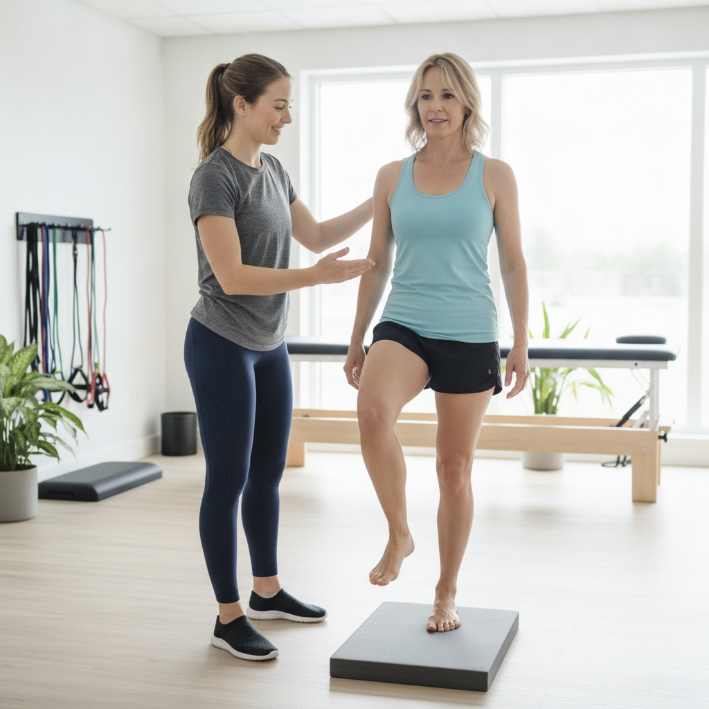 Patient working with a provider at an integrative physical therapy clinic on balance and proprioception training