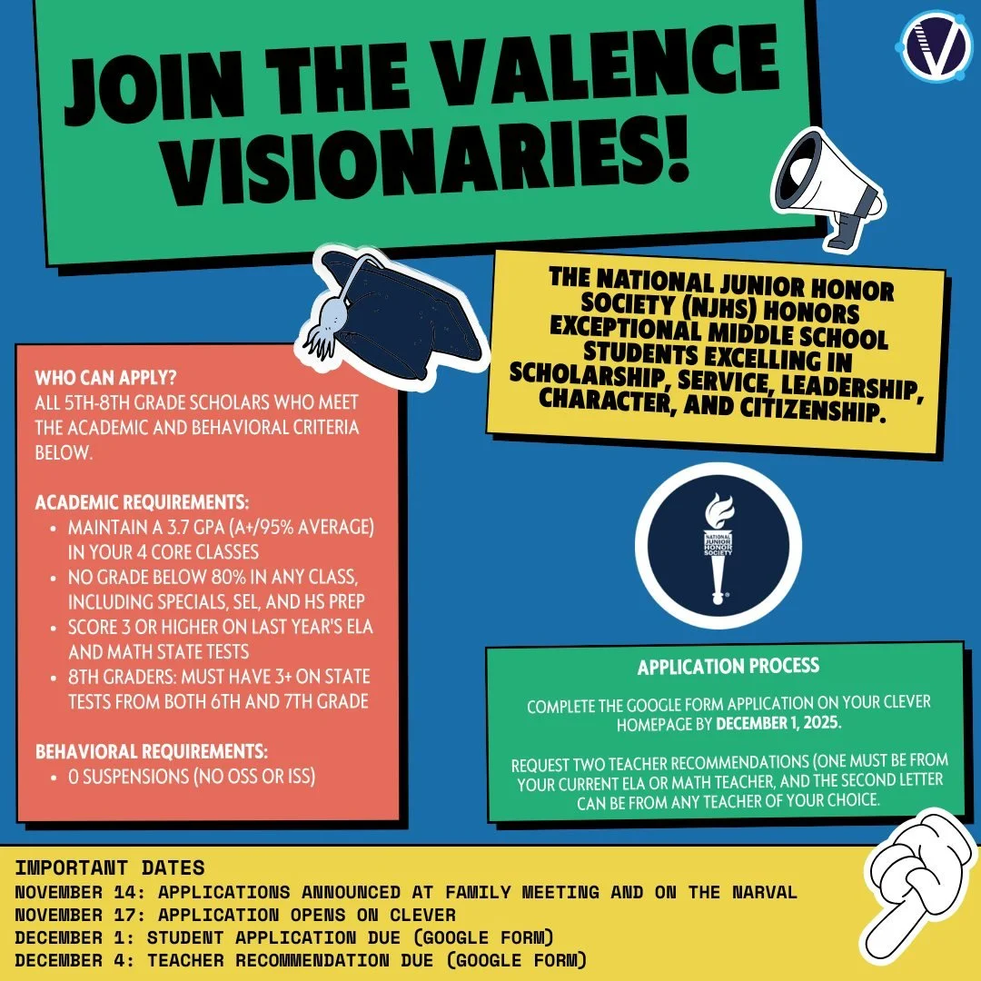 ✨ Reminder: Today is the deadline to submit your application for the Valence Visionaries, our chapter of the National Junior Honor Society (NJHS). Please also remember that teacher recommendations are due on Thursday, December 4th! Don&rsquo;t miss y
