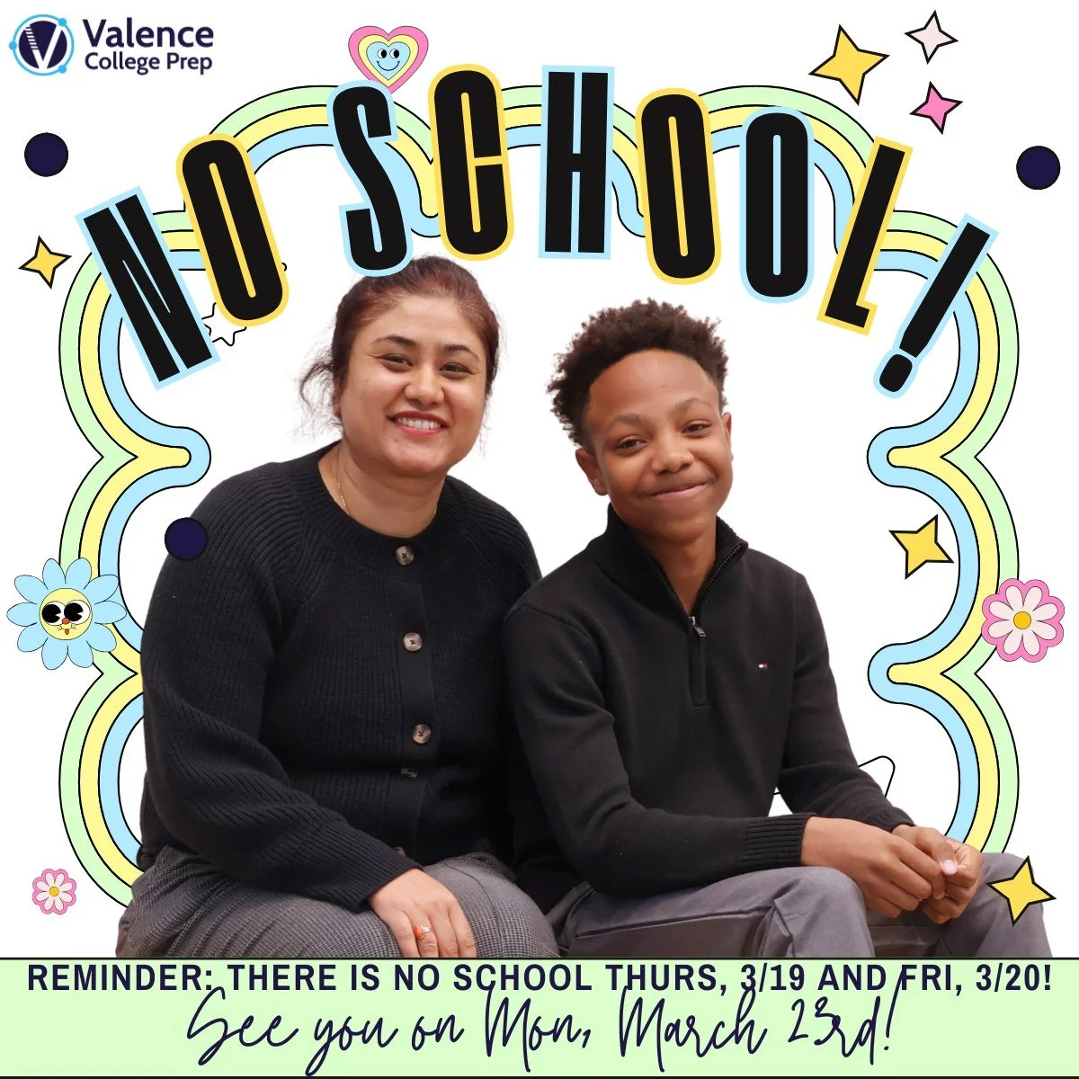 As a reminder, there is no school Thursday, March 19th and Friday, March 20th in observance of Eid. See you on Monday, March 21st! ✨💙🌙