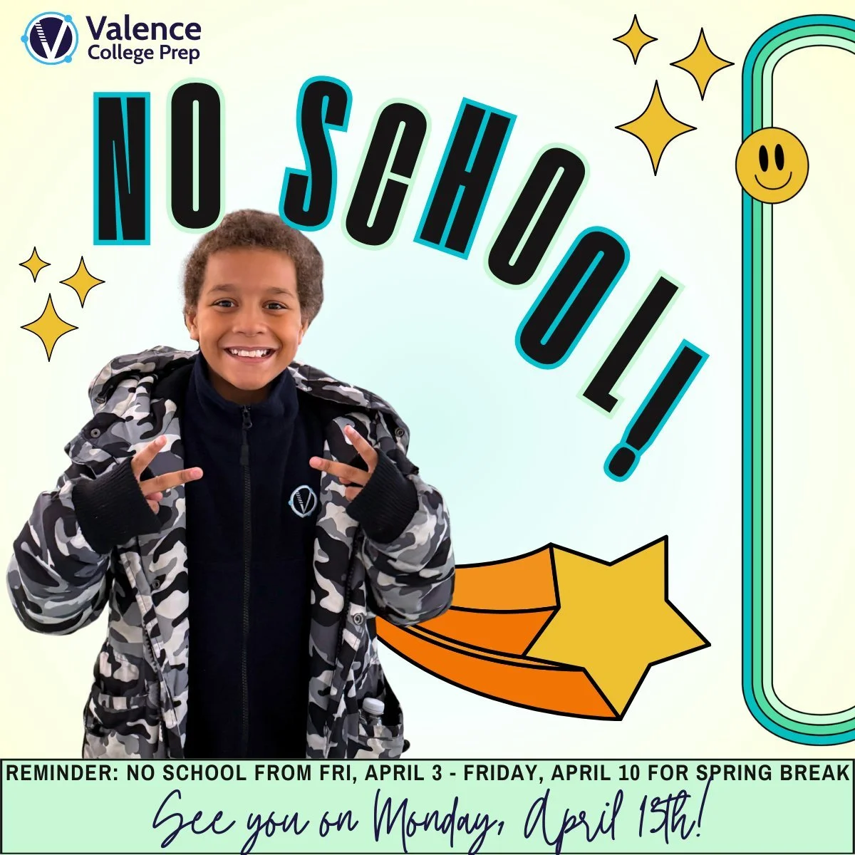 Reminder: There will be no school from Friday, April 3 through Friday, April 10 for Spring Break. We hope our scholars and families enjoy a safe and restful break! 🌸🌺🌷🌼🌹