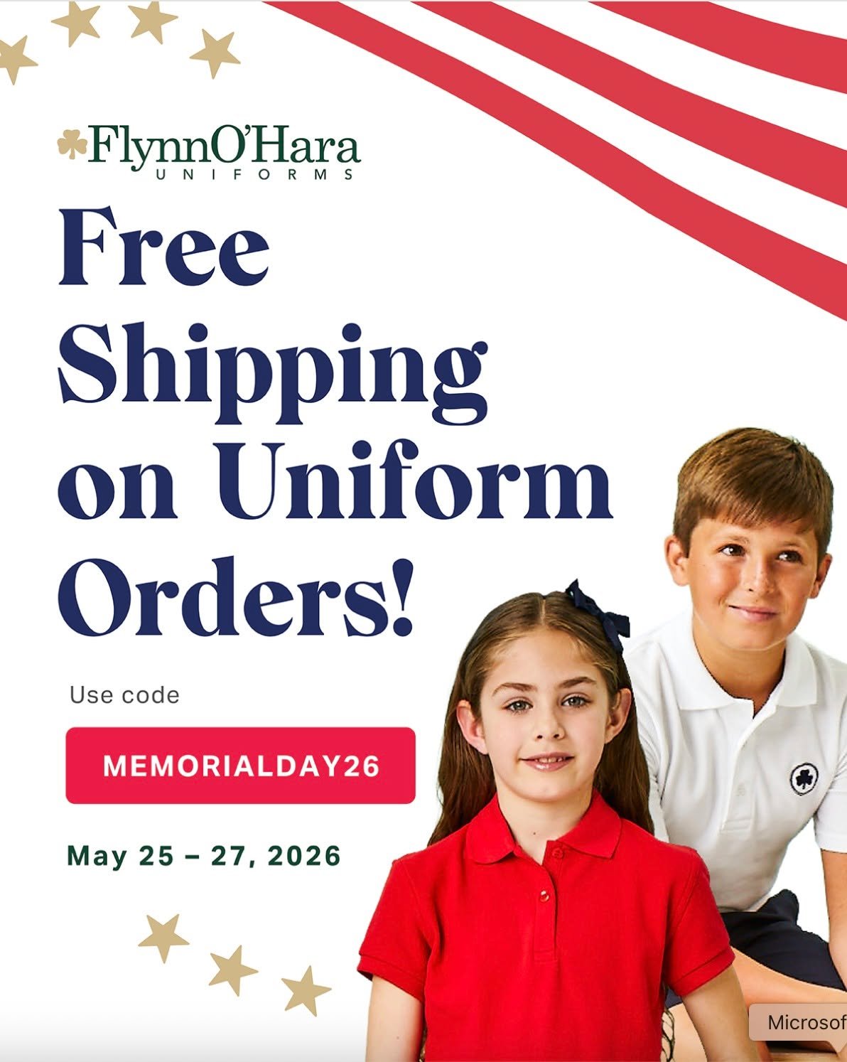 To kick off the summer, Flynn O&rsquo;Hara, our uniform vendor, will be running their first summer promotion: FREE shipping until Wednesday, May 27! Take advantage now and get a head start on uniforms for the upcoming school year. 💙✨