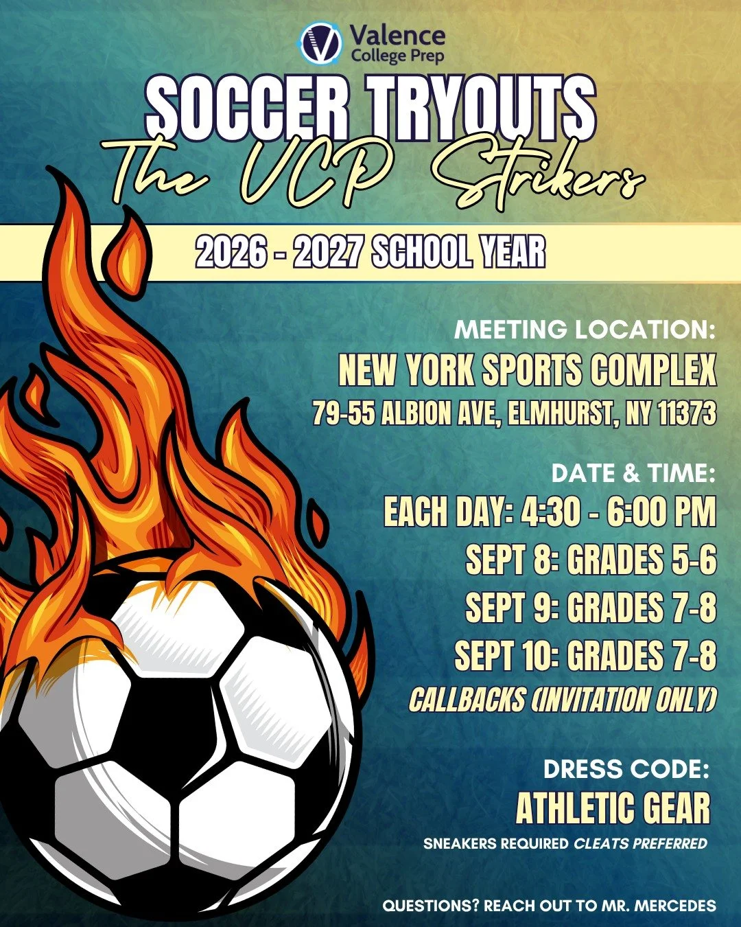 🔥⚽ SOCCER TRYOUTS ARE HERE STRIKERS! ⚽🔥 

⚠️ The ParentSquare permission slip MUST be completed before your child can attend tryouts! ⚠️

📍 New York Sports Complex (79-55 Albion Ave, Elmhurst, NY 11373)

🗓️ Sept 8: Grades 5-6
🗓️ Sept 9: Grades 7