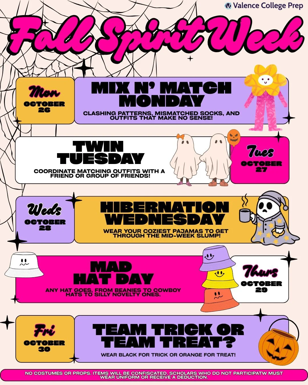 🎃👻 Our Fall Spirit Week is almost here! 👻🎃 Get ready to show your school spirit all week long with fun themes, matching outfits, cozy PJs, crazy hats, and more! 🍂🧡💜💗