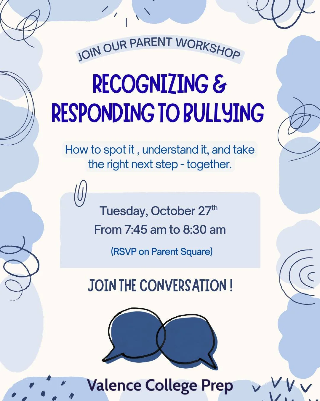Bullying isn&rsquo;t always what it seems -- let&rsquo;s learn how to recognize it and respond together. 💙

🗓️ Tues, Oct 27 | 7:45&ndash;8:30 am | VCP 

Please RSVP on ParentSquare! #nationalbullyingpreventionmonth