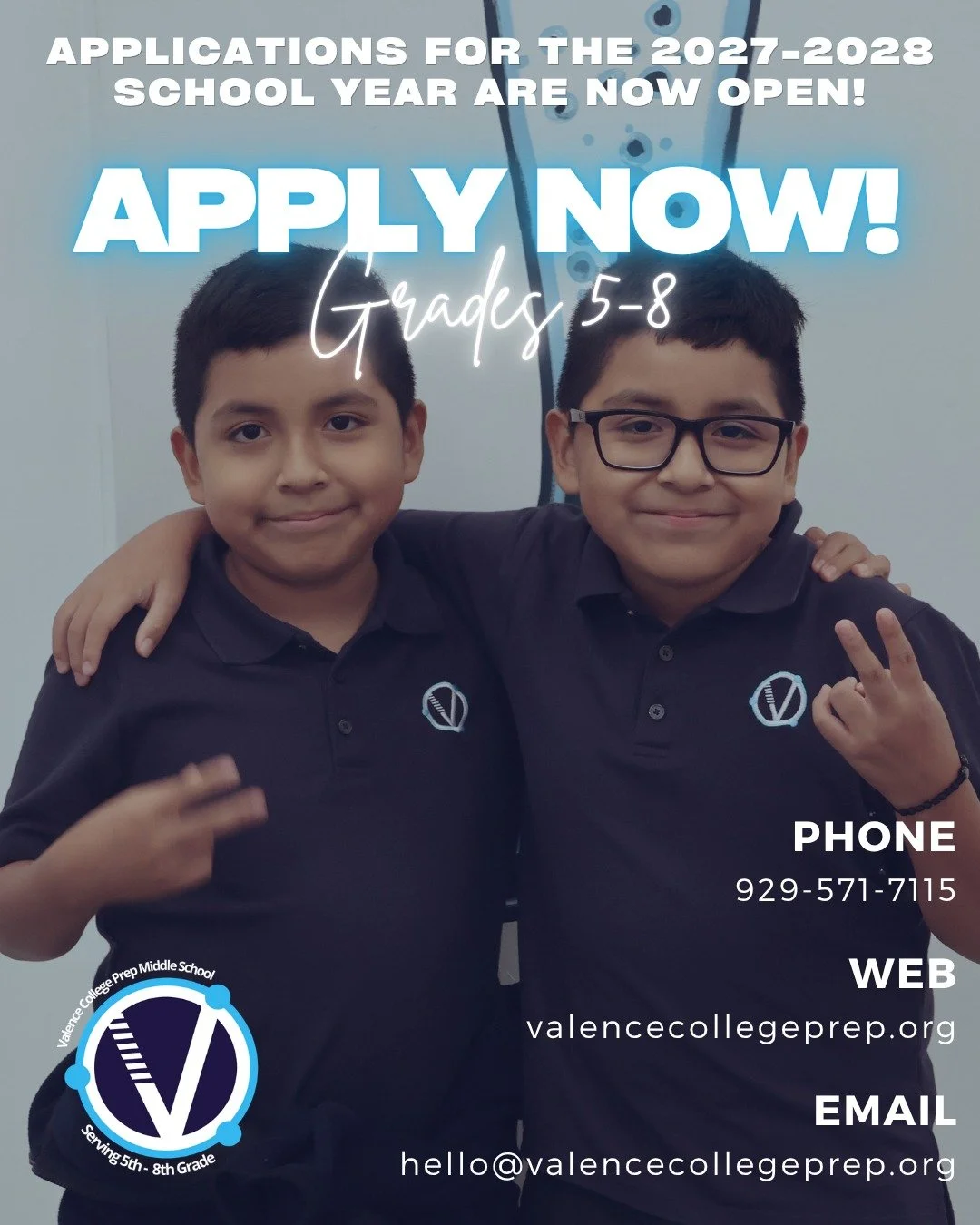 🎉 Applications for the 2027&ndash;2028 school year are NOW OPEN! 🎉

Valence College Prep is excited to welcome new families to our community! 💙 

📲 Apply online through SchoolMint or stop by and complete an in-person application. Our team is happ