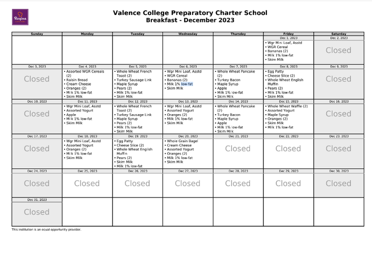 Menus — Valence College Prep