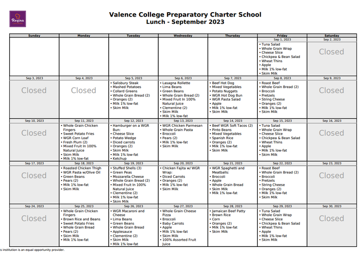 Menus — Valence College Prep
