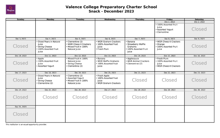 Menus — Valence College Prep