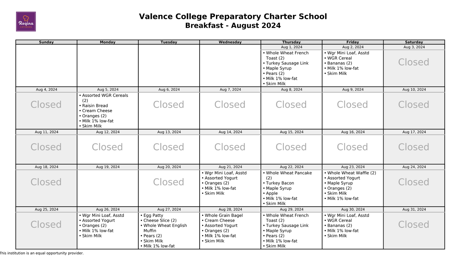Menus — Valence College Prep