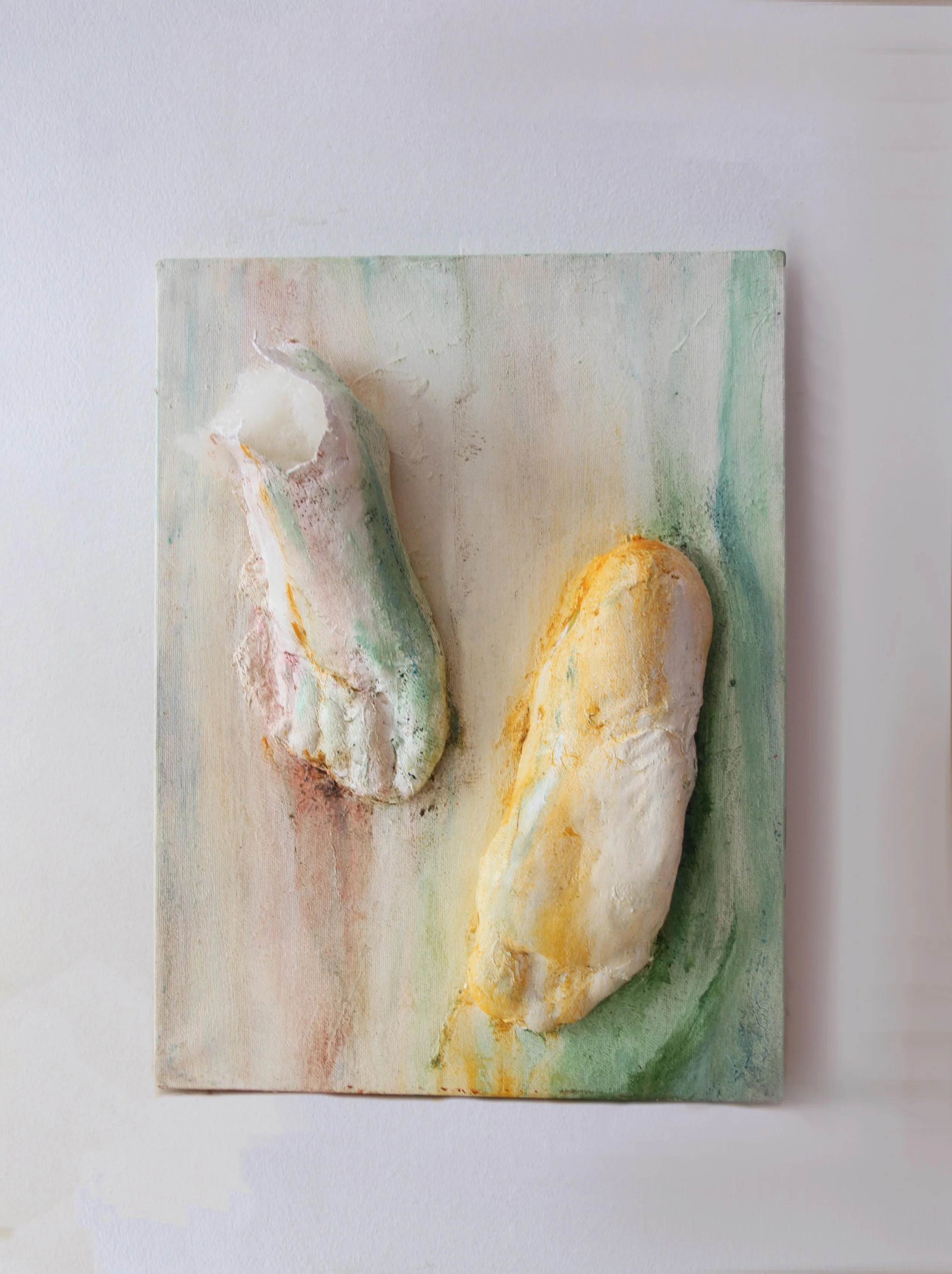 On the Path
Painting 
Oil Paint, Plaster body cast, wool 
12" x 16” x 4"
2024