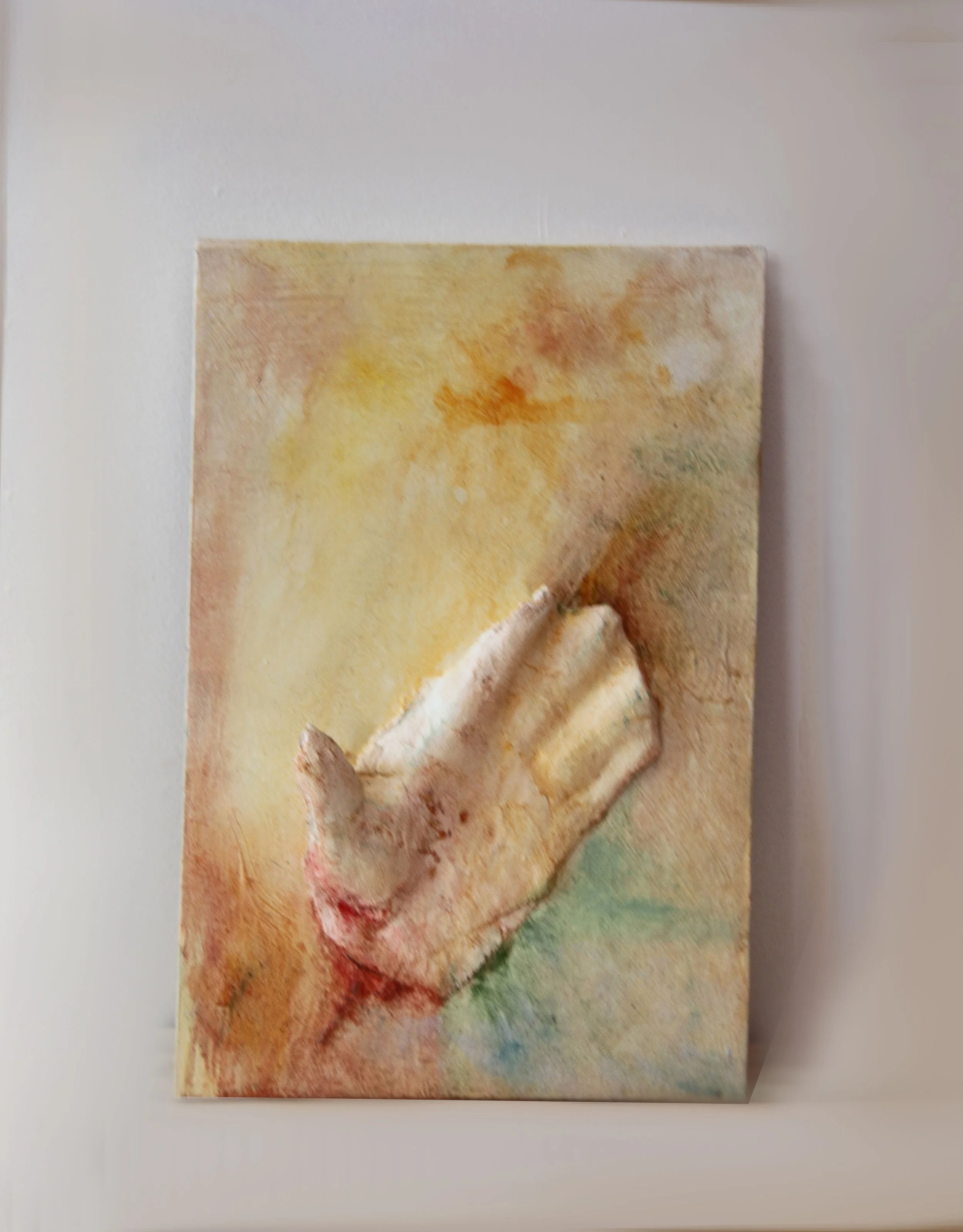 Gestures Toward Touch Pastel
Painting 
Oil Paint, Plaster body cast, wool 
10" x 14” x 2"
2024