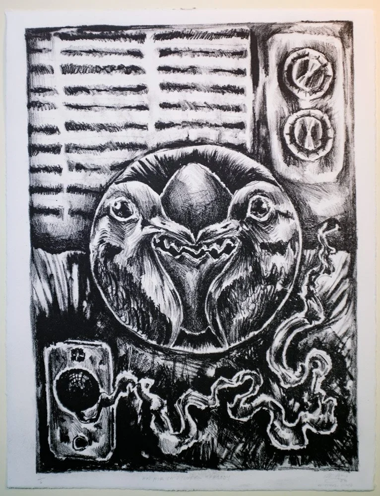 An Air Conditioner Tragedy, 2023. Aluminum plate lithography of BFK Rives paper - 11" x 15". Edition of 5.