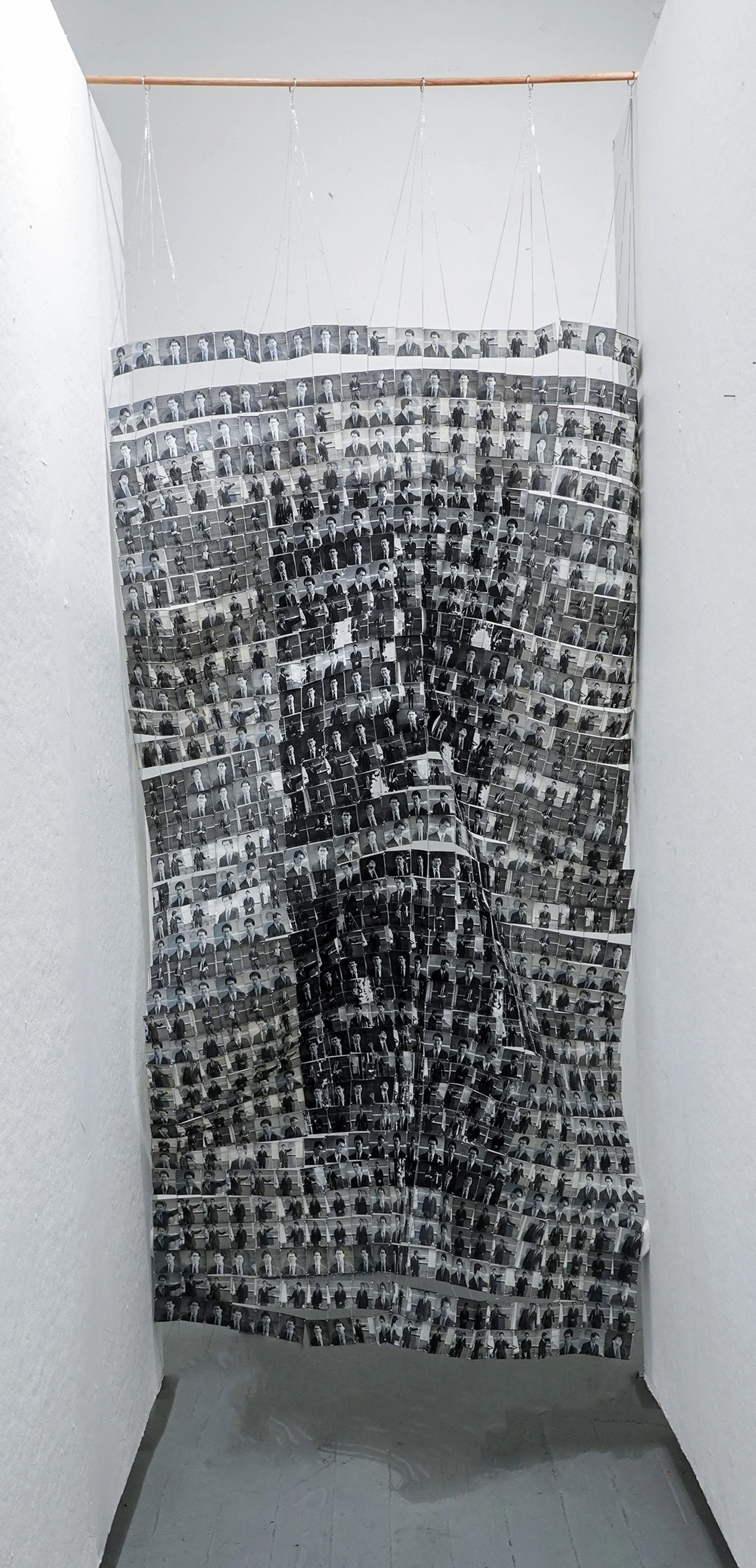 Burden of Expectation, 2025. Xeroxed Pronto-Plates and yupo paper, metal jump rings, jewelry chain, dowel. 76 inches x
44 inches.