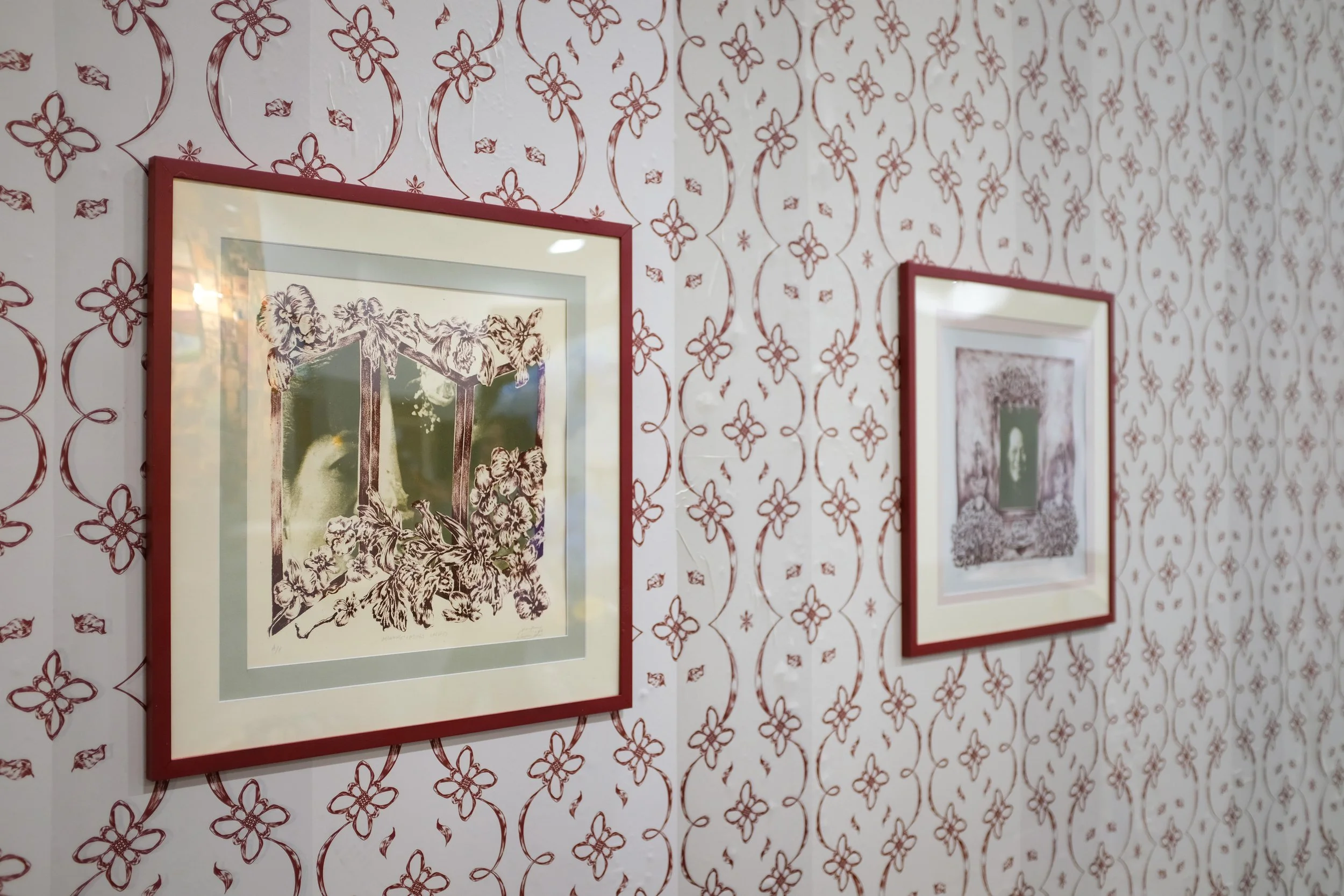 Beginnings and Endings, 2026 (Installation image). Photolithography on BFK Rives paper (framed prints) and inkjet on Photo Tex (wallpaper). Each print: 20 inches x 20 inches.