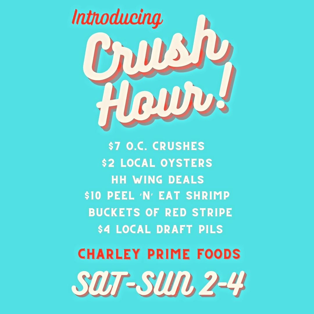 Introducing CRUSH HOUR, our new weekend HH with $7 orange crushes, Old Bay peel n eat shrimp, and everything else you need to hang on a warm afternoon on our patio. Starts tomorrow! 2-4 pm Saturdays &amp; Sundays 🟠🌞🍹