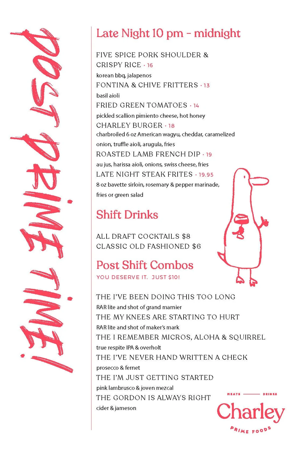 MENUS — Charley Prime Foods