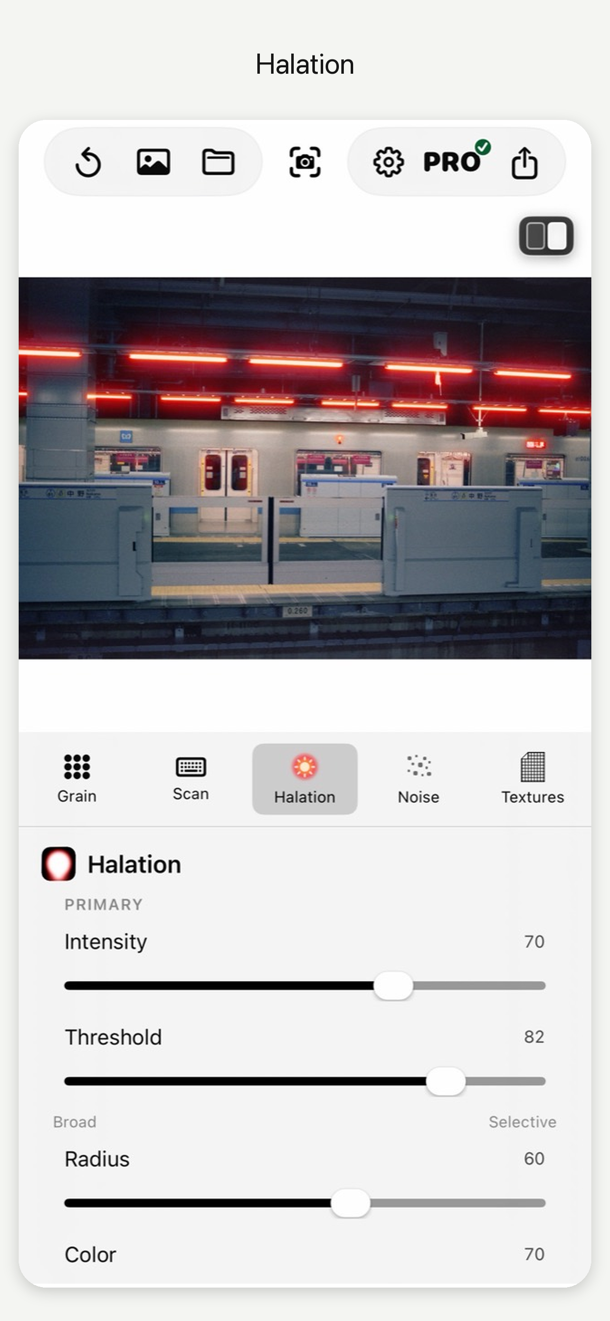 theLAB Halation controls on iPhone