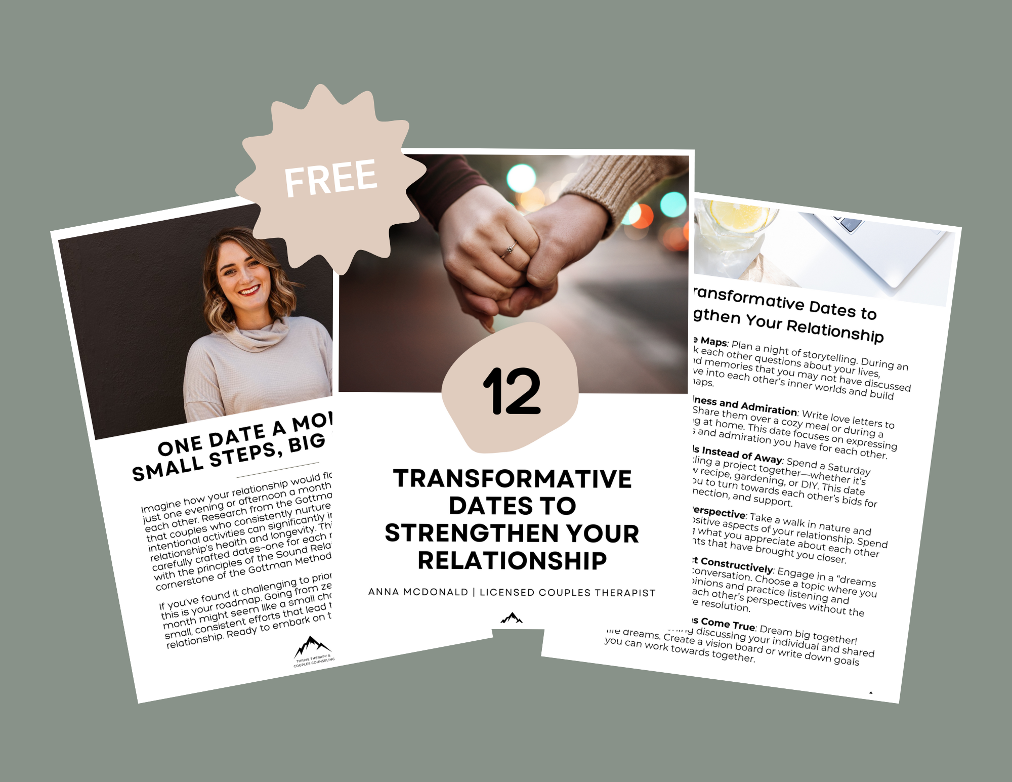 Free guide titled ‘12 Transformative Dates to Strengthen Your Relationship’ by Anna McDonald, licensed couples therapist in California