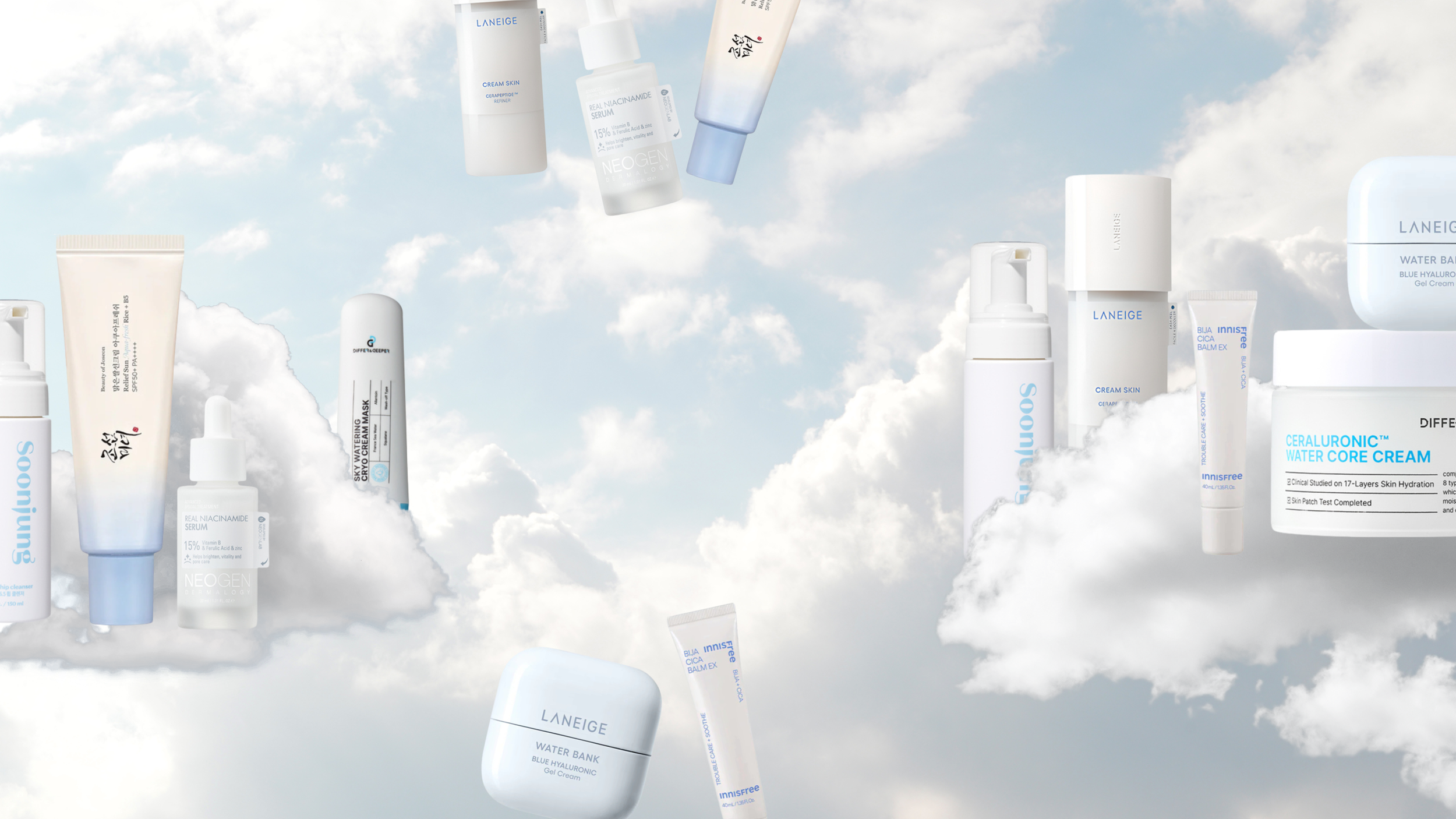 A flat layout of skincare products and containers on pastel-colored platforms against a gradient background, including creams, serums, and gels.