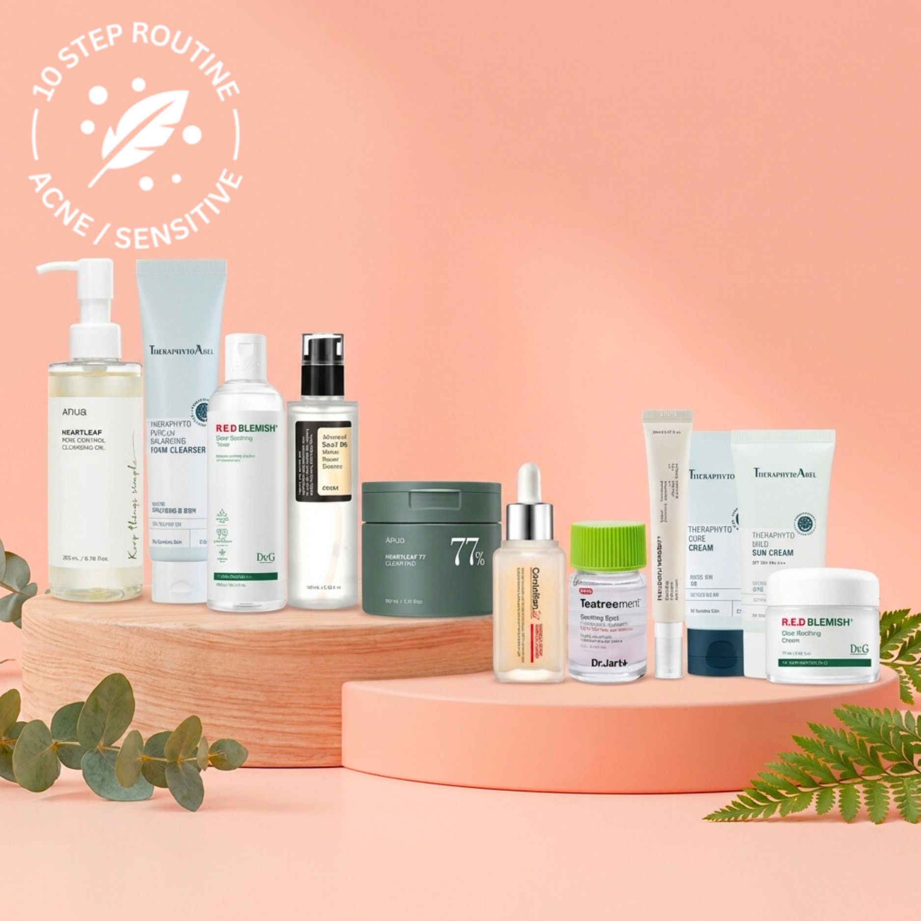 A skincare routine infographic for acne-prone or sensitive skin with steps for cleansing, prepping, nourishing, and protecting. It includes images of skincare products such as cleanser, toner, essence, serum, moisturizer, SPF, sheet mask, and eye cream, arranged on a peach-colored background with green leaves and small bubbles for decoration.