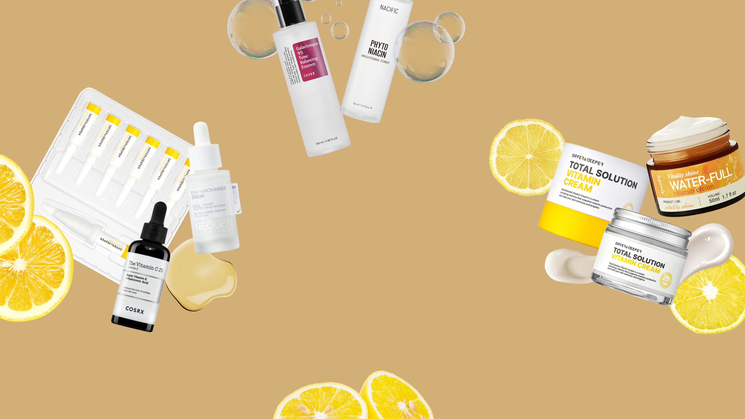 A flat layout of skincare products and containers on pastel-colored platforms against a gradient background, including creams, serums, and gels.