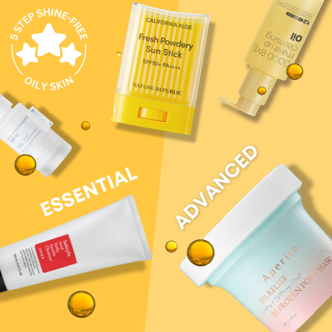 5-step shine-free routine for oily skin, featuring essential and advanced items including a serum, cleansing oil, matte sun stick, foam cleanser, and pore lifting mask. OoshTush.com is the leading Korean skincare and makeup eCommerce platform, offeri