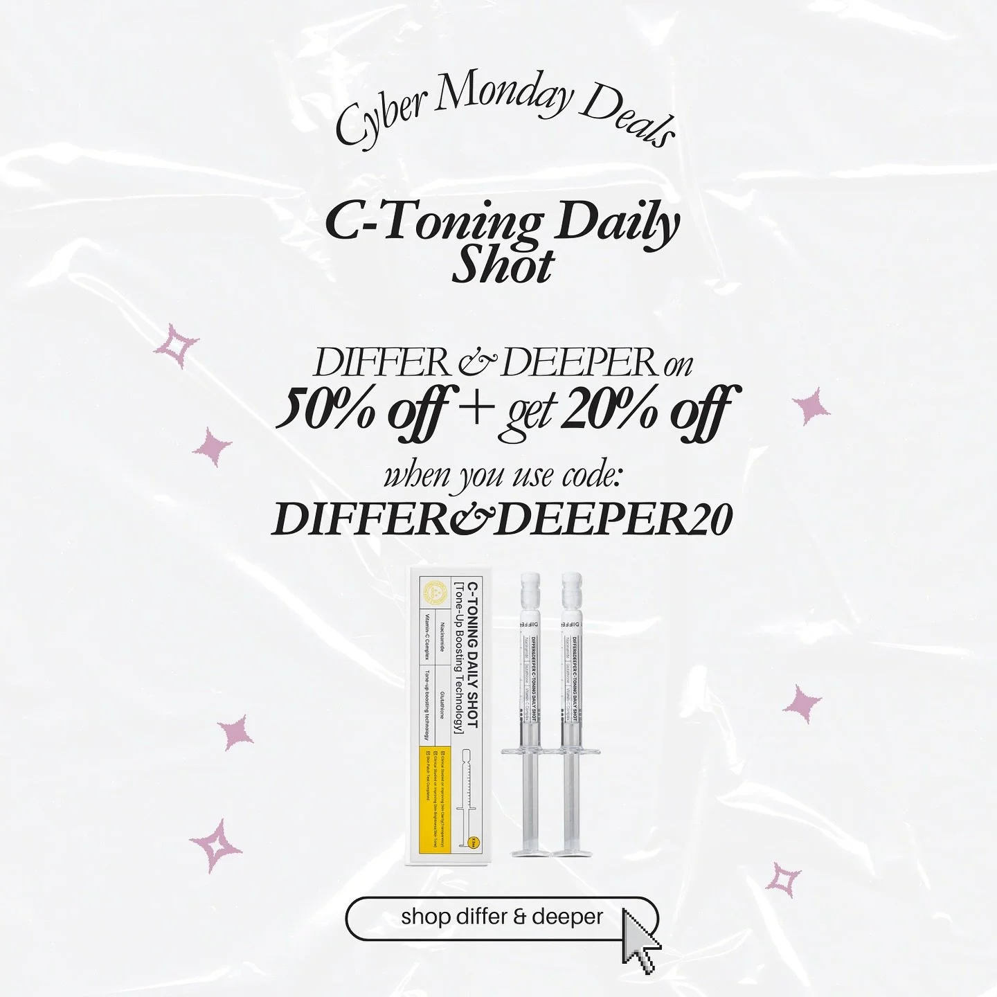 You thought we were done? 👀🖤
Our Black Friday sale is EXTENDED until Cyber Monday ✨
Perfect time to stock up on your glow faves:

✨ Differ &amp; Deeper Ascorbic For Daily Ampoule &ndash; easy daily vitamin C
✨ Differ &amp; Deeper C-Toning Daily Sho