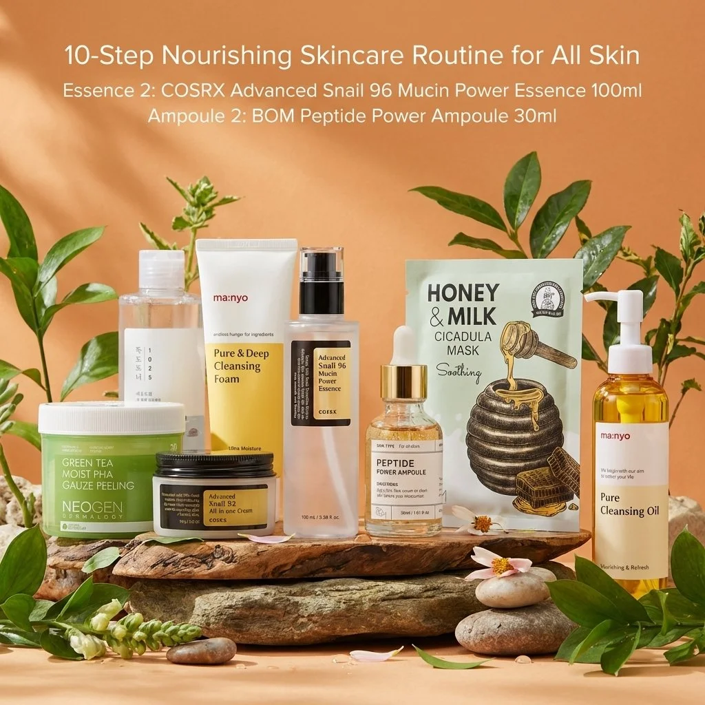 Nourish your skin, step by step. ✨
The 10-Step Nourishing Skincare Routine for All Skin is designed to deeply hydrate, repair, and strengthen your skin barrier for a soft, healthy glow. Featuring the COSRX Advanced Snail 96 Mucin Power Essence to boo