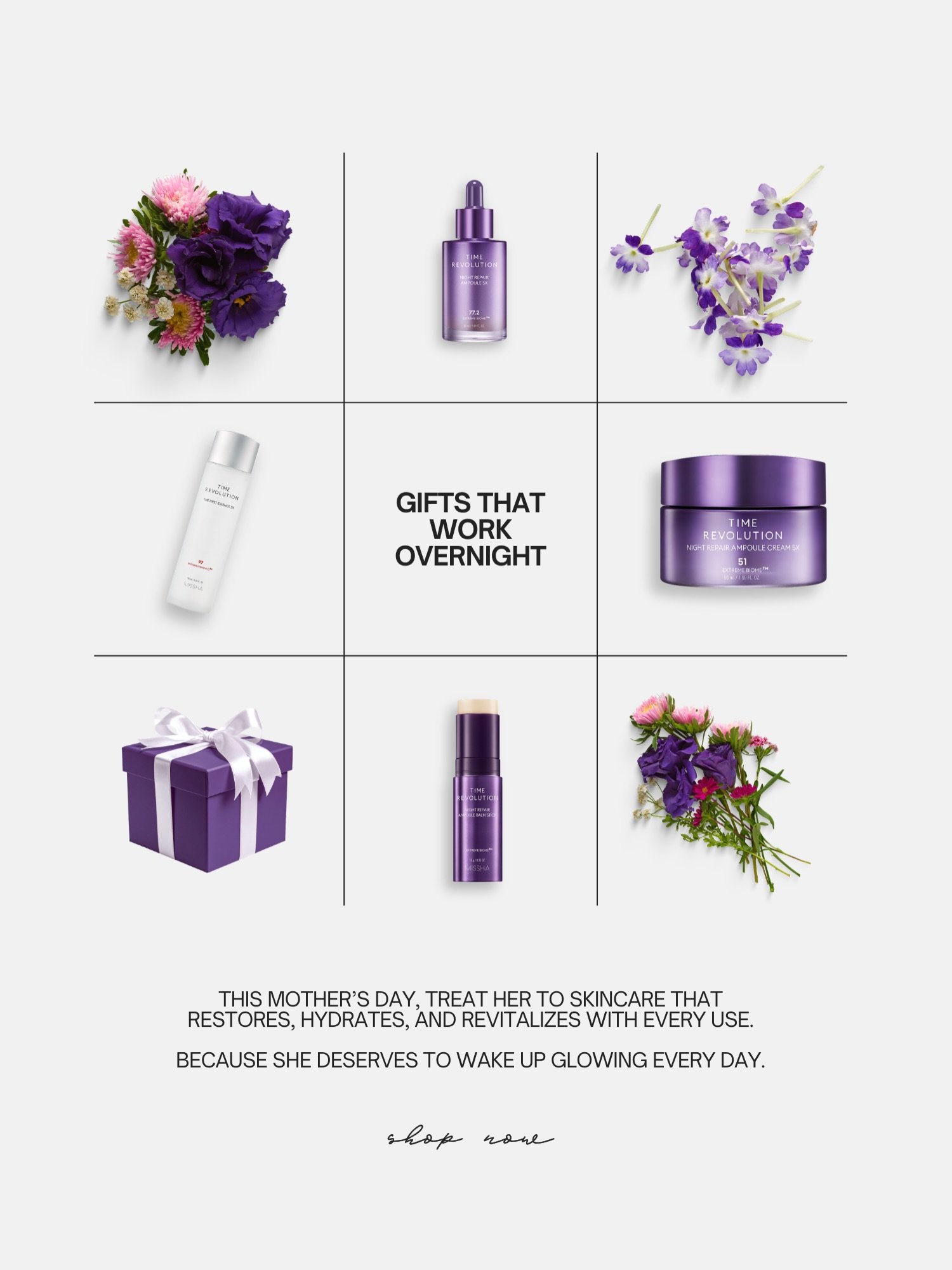 A thoughtful Mother&rsquo;s Day gift starts with self-care 💐✨ 

The Missha Time Revolution collection is perfect for moms who deserve a little luxury in their routine. From deep hydration to radiant, healthier-looking skin, these skincare essentials
