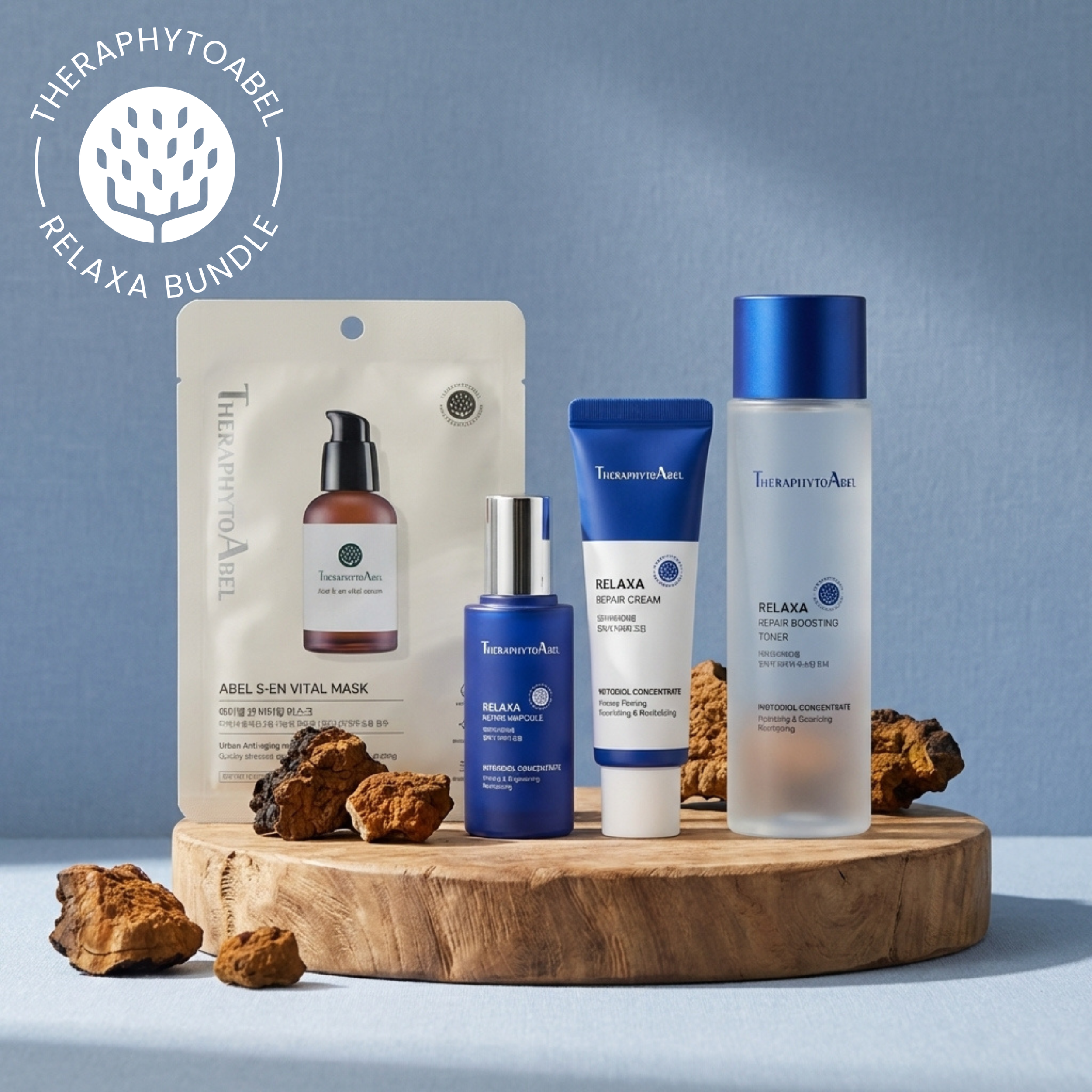 Collection of TherapytoAbel skincare products, including revitalizing toner, repair cream, vital serum, and anti-aging mask, displayed with rocks and small circles on a light blue background.