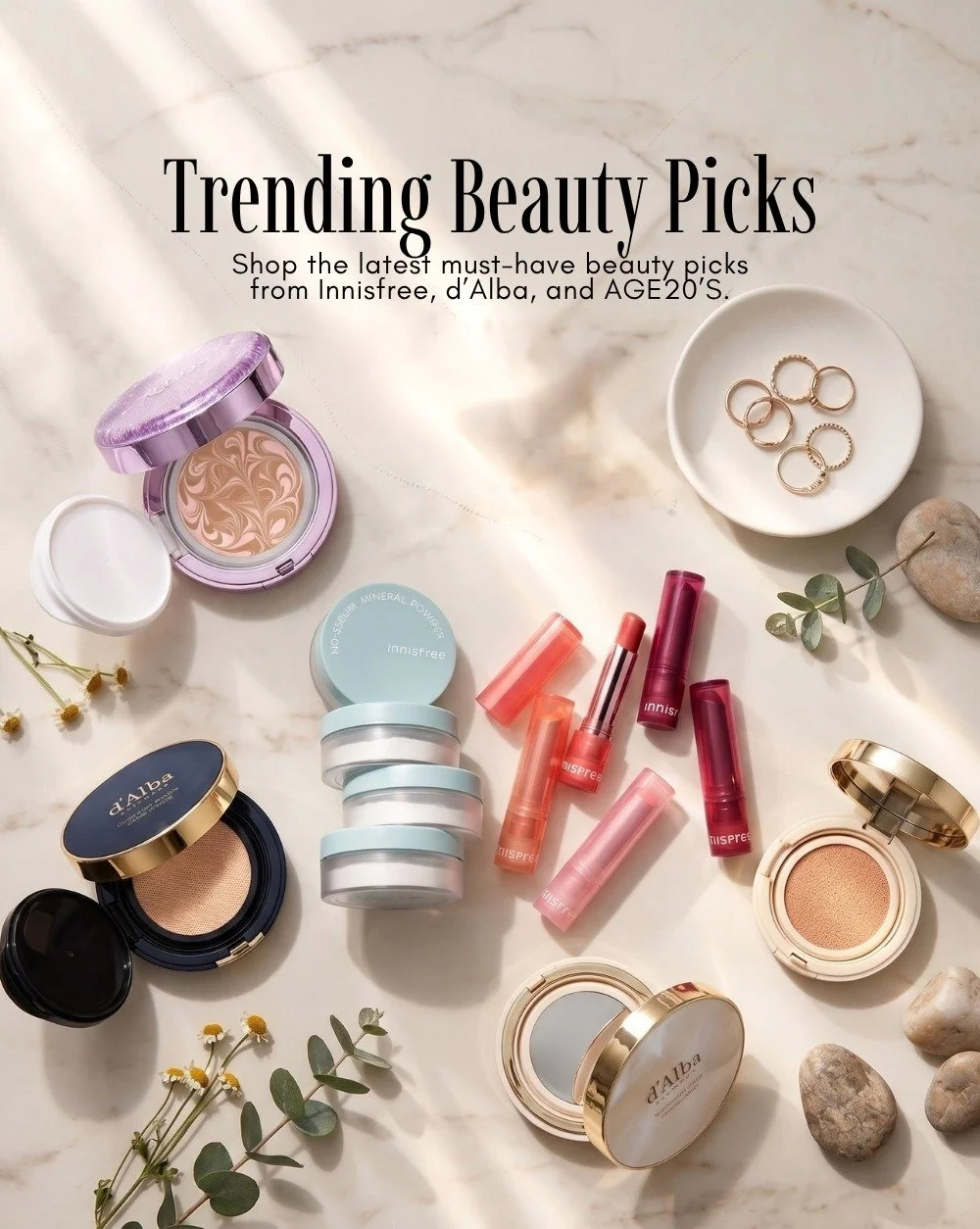 💄✨ Your next K-beauty makeup obsession is here!

Discover trending makeup favorites from Innisfree, d&rsquo;alba, &amp; AGE20&rsquo;s&mdash;from effortless everyday looks to fresh, radiant complexion perfection. Find the viral picks everyone&rsquo;s