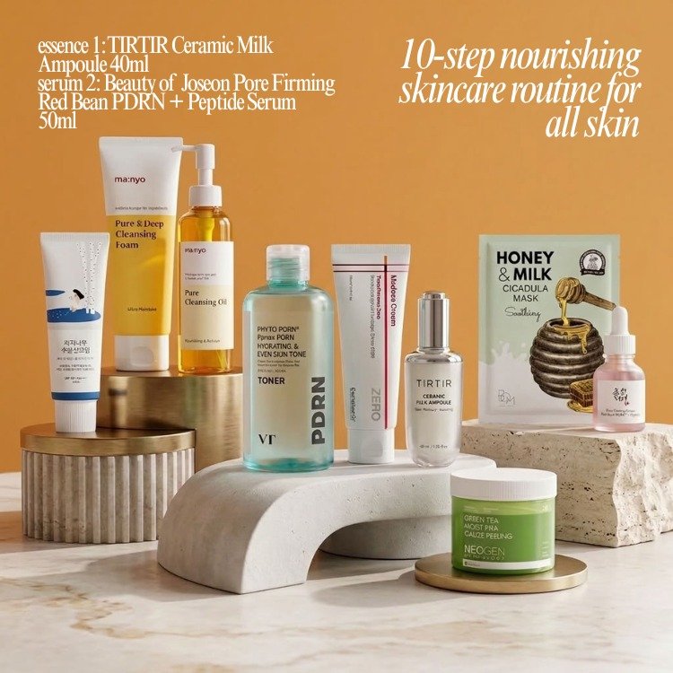 Your nourishing skincare routine just got an update! 🧴✨ Explore our 10-Step Nourishing Skincare Routine for All Skin Types, now featuring the TIRTIR Ceramic Milk Ampoule as an essence option and the Beauty of Joseon Red Bean PDRN + Peptide Serum as 