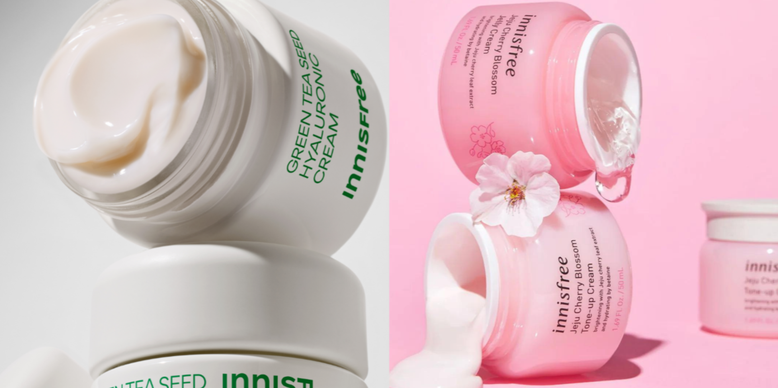 Split image showing two jars of Innisfree skincare products, with the left jar labeled 'Green Tea Seed Hyaluronic Cream' and the right jar labeled 'Jeju Cherry Blossom Tone-Up Cream', both against light backgrounds with some product texture visible.