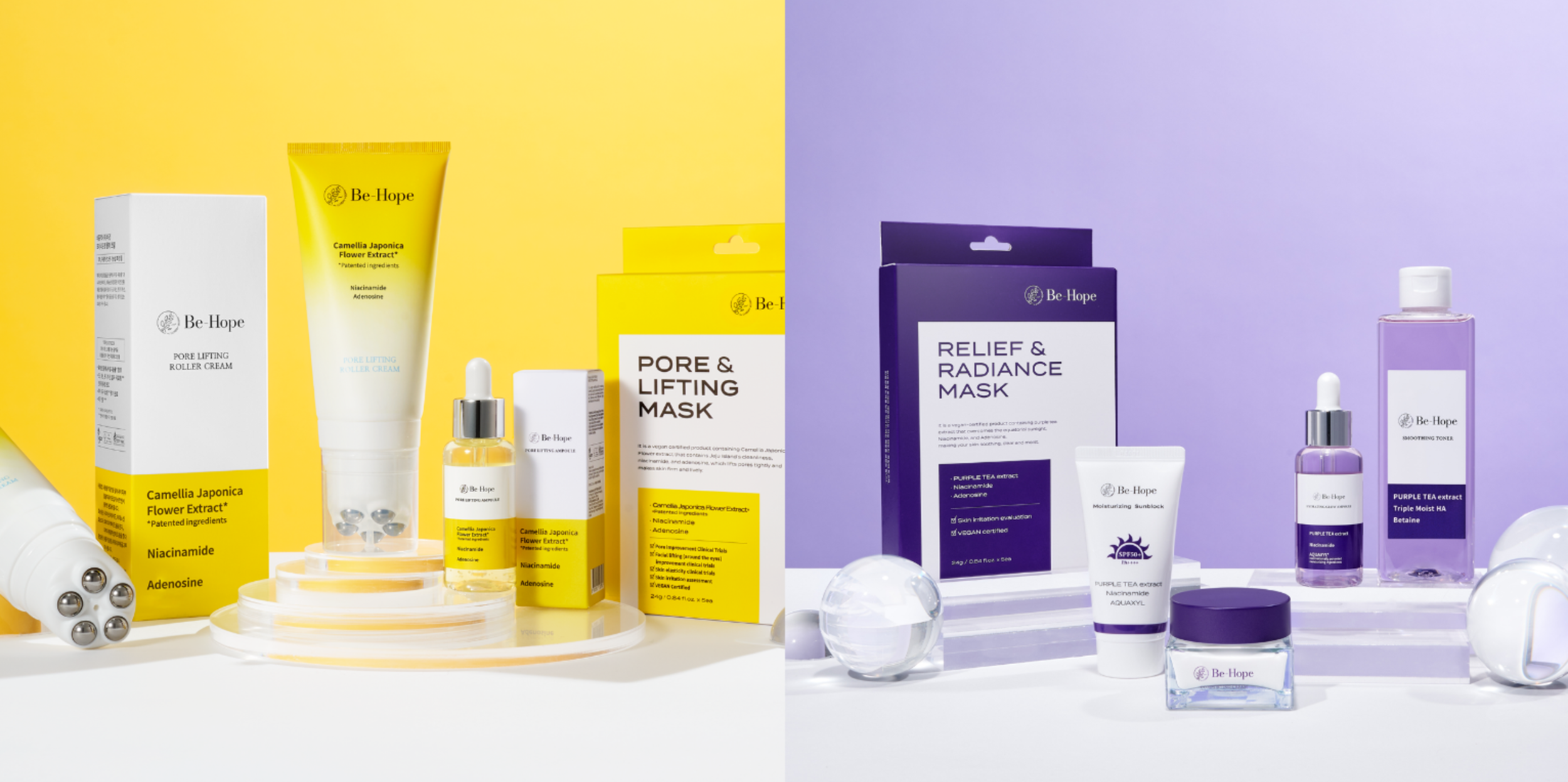 Collection of skincare and beauty products from Be-Hope, including masks, creams, serums, toner, and moisturizers, arranged against vibrant yellow and purple backgrounds.
